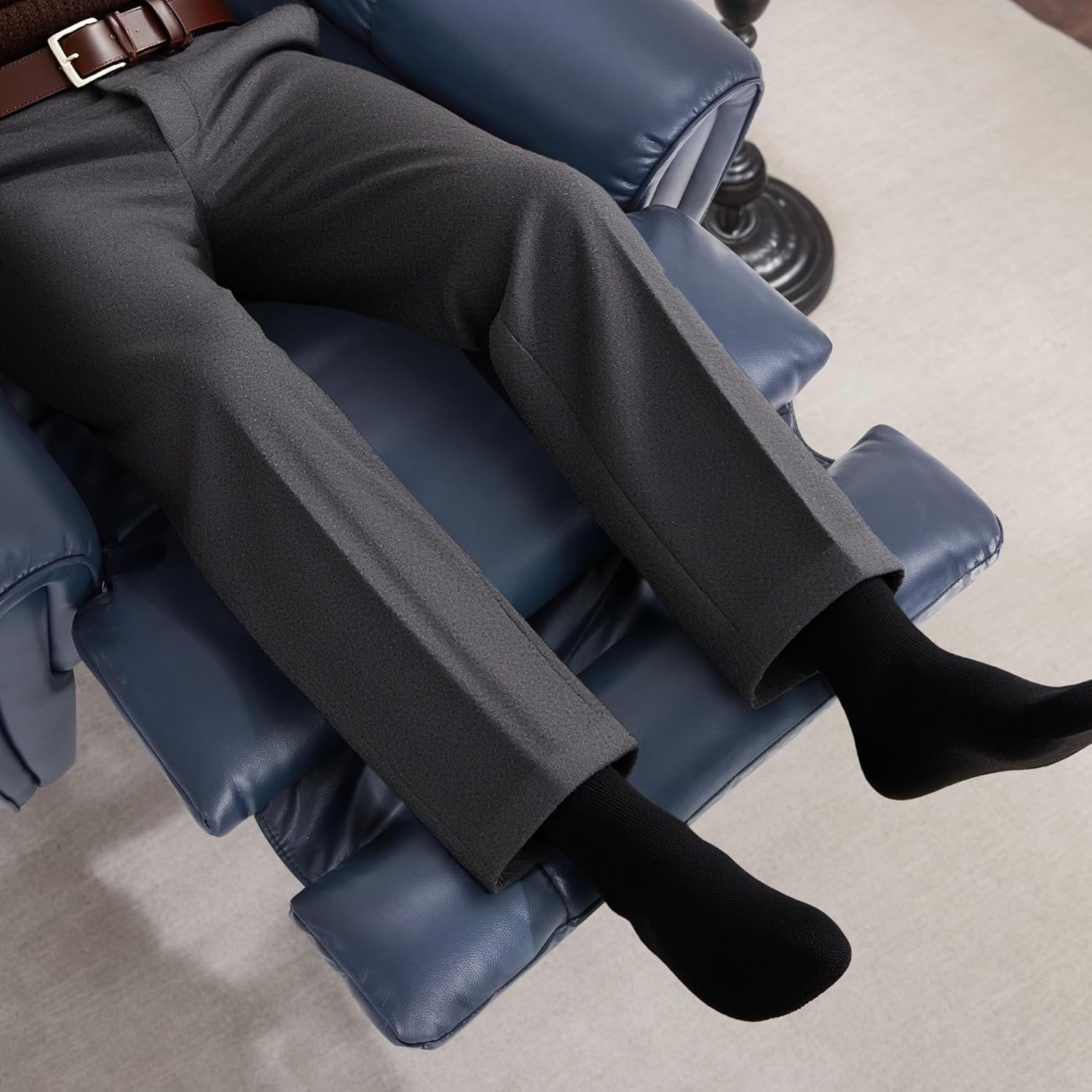 image:imageMCombo Large Lay Flat Dual Motor Power Recliner Chair with Heat and Vibration USB and Type C Ports Faux Leather Electric Recliner for Living Room Infinite Position 6199 Saddle BrownNavy Blue