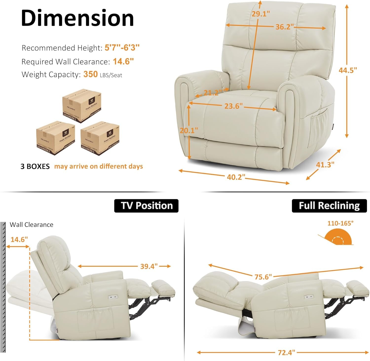 image:imageMCombo Large Lay Flat Dual Motor Power Recliner Chair with Heat and Vibration USB and Type C Ports Faux Leather Electric Recliner for Living Room Infinite Position 6199 Saddle BrownMilk White