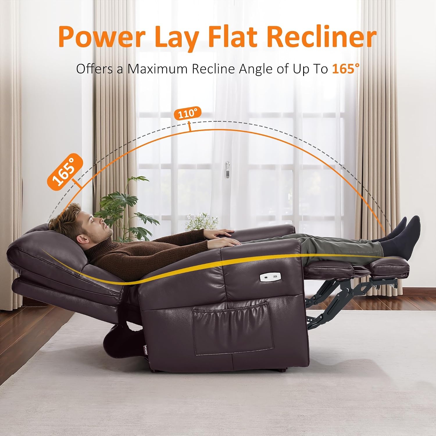image:imageMCombo Large Lay Flat Dual Motor Power Recliner Chair with Heat and Vibration USB and Type C Ports Faux Leather Electric Recliner for Living Room Infinite Position 6199 Saddle BrownDark Brown