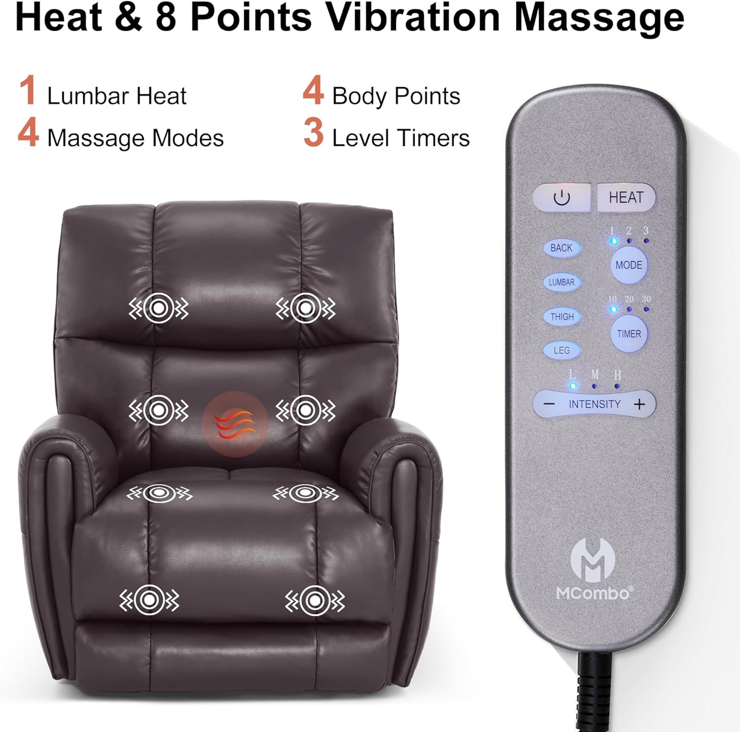 image:imageMCombo Large Lay Flat Dual Motor Power Recliner Chair with Heat and Vibration USB and Type C Ports Faux Leather Electric Recliner for Living Room Infinite Position 6199 Saddle BrownDark Brown