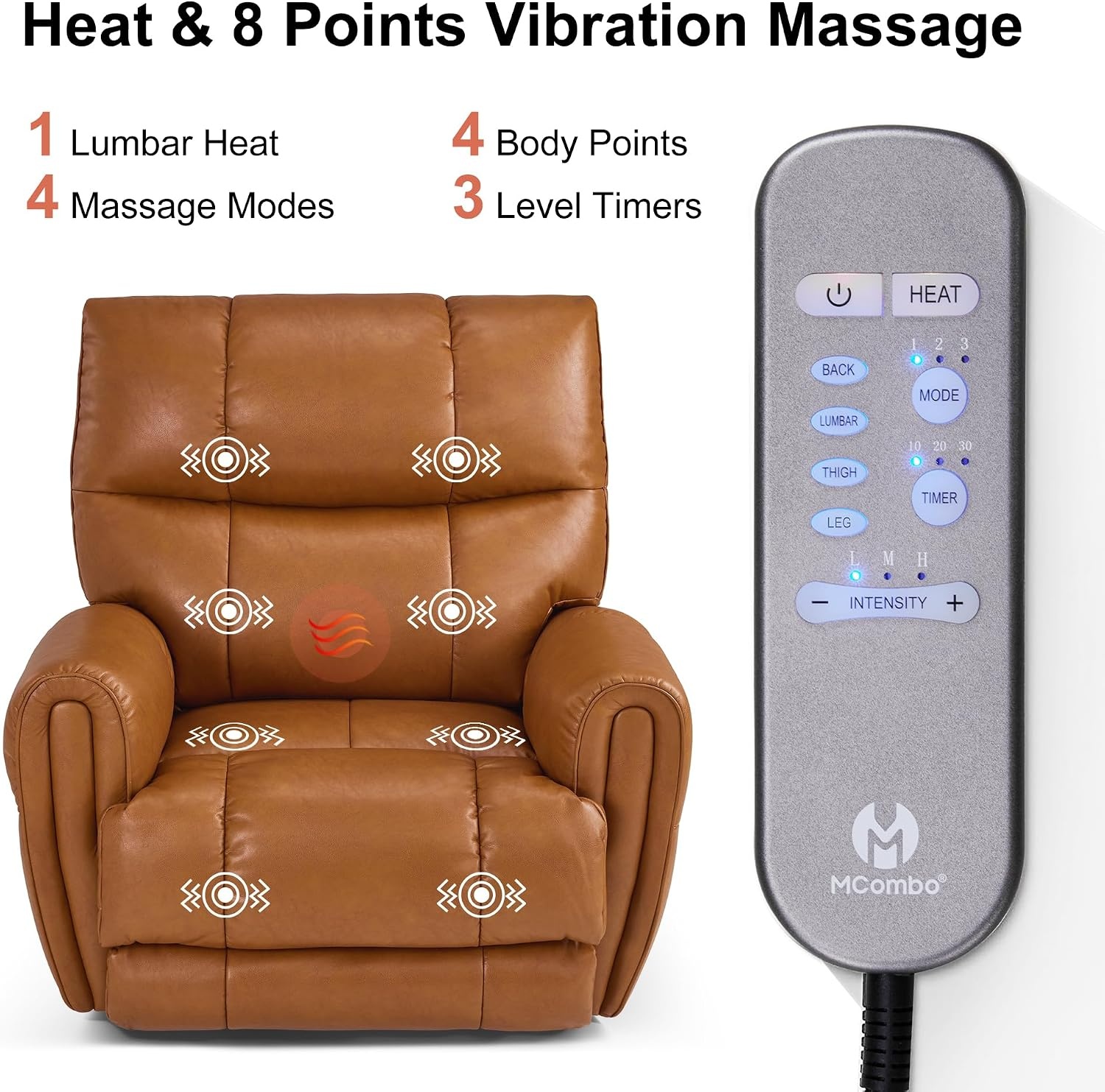 image:imageMCombo Large Lay Flat Dual Motor Power Recliner Chair with Heat and Vibration USB and Type C Ports Faux Leather Electric Recliner for Living Room Infinite Position 6199 Saddle BrownSaddle Brown
