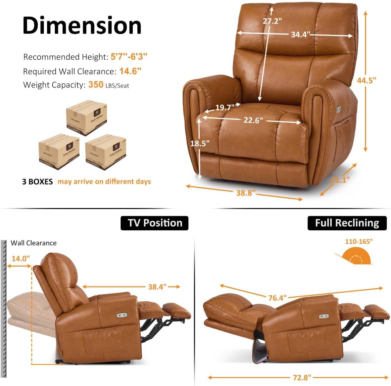 image:imageMCombo Large Lay Flat Dual Motor Power Recliner Chair with Heat and Vibration USB and Type C Ports Faux Leather Electric Recliner for Living Room Infinite Position 6199 Saddle BrownSaddle Brown
