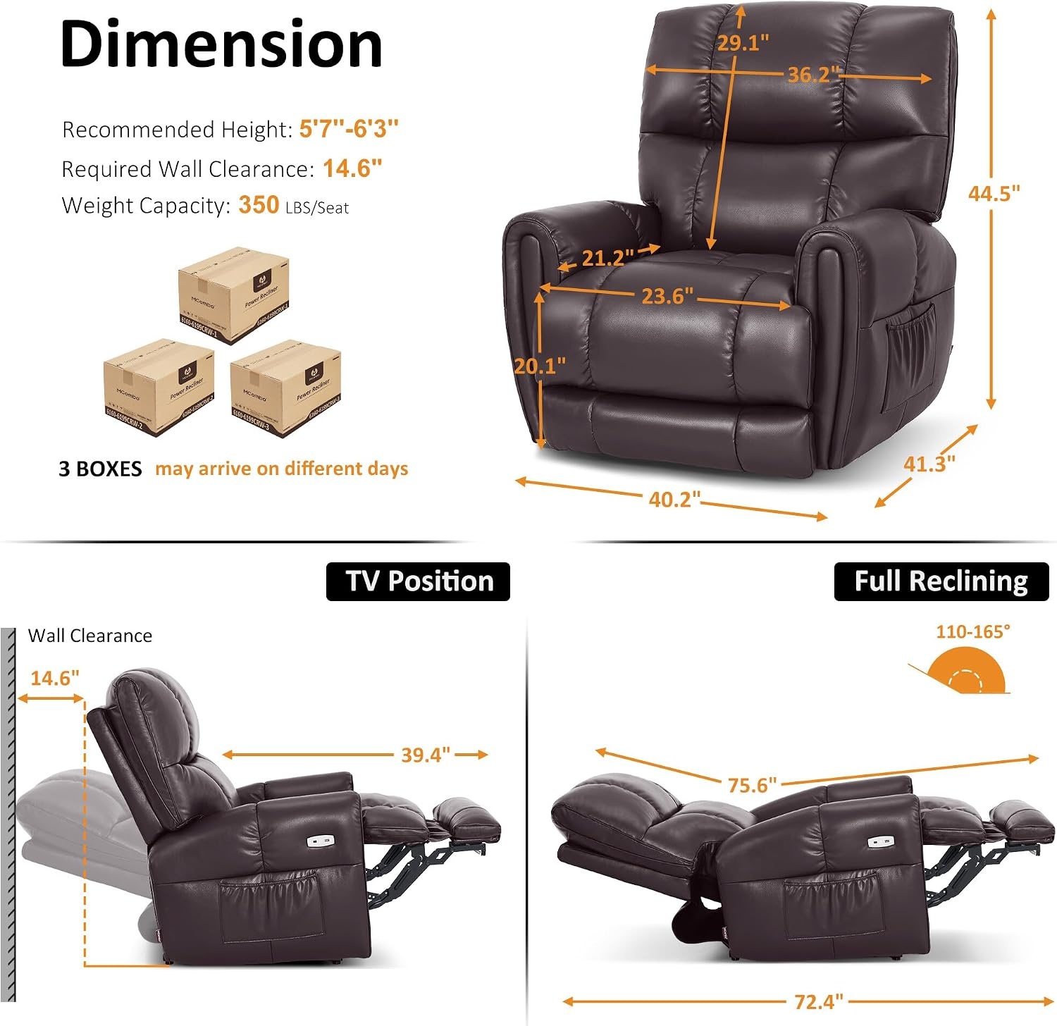image:imageMCombo Large Lay Flat Dual Motor Power Recliner Chair with Heat and Vibration USB and Type C Ports Faux Leather Electric Recliner for Living Room Infinite Position 6199 Saddle BrownDark Brown