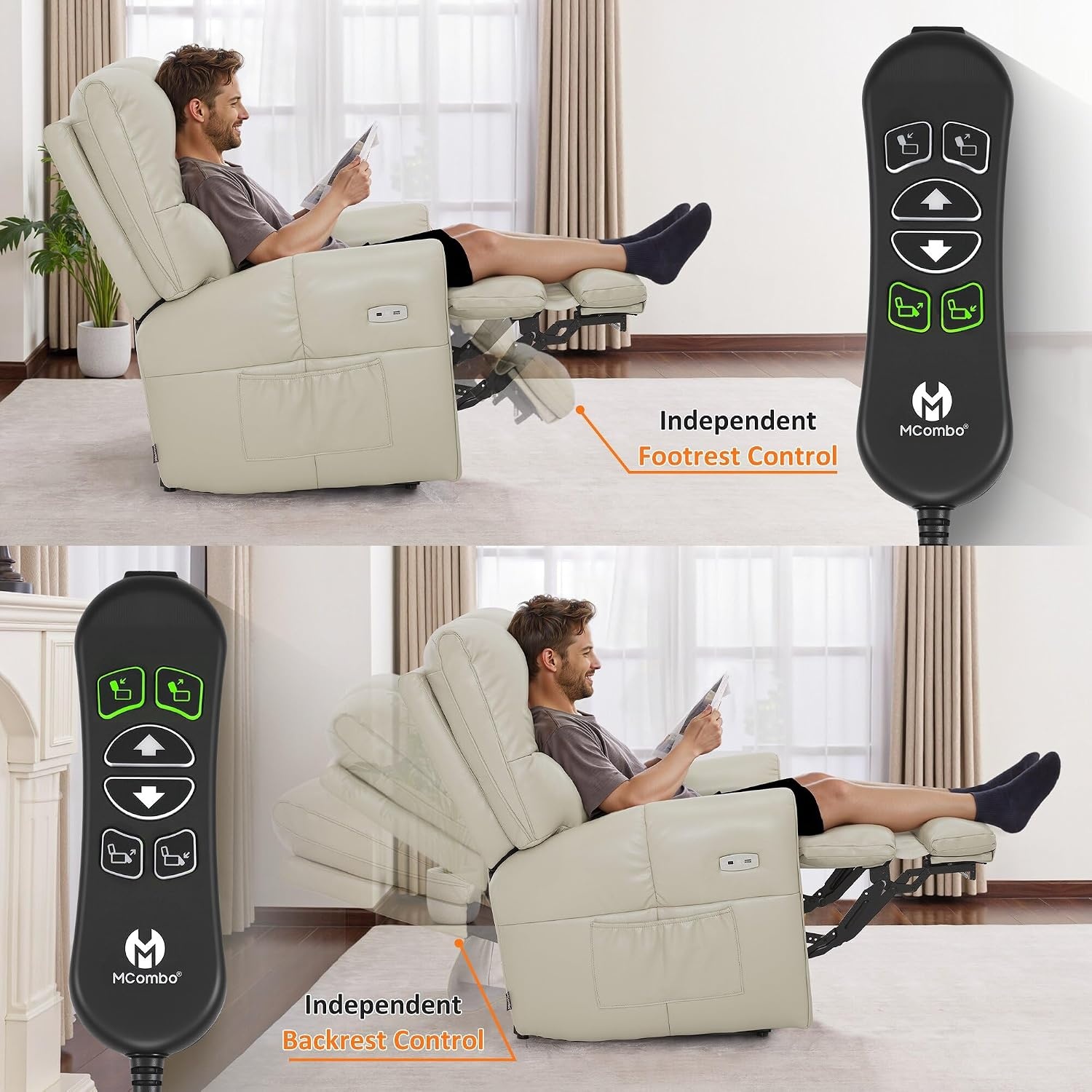 image:imageMCombo Large Lay Flat Dual Motor Power Recliner Chair with Heat and Vibration USB and Type C Ports Faux Leather Electric Recliner for Living Room Infinite Position 6199 Saddle BrownMilk White