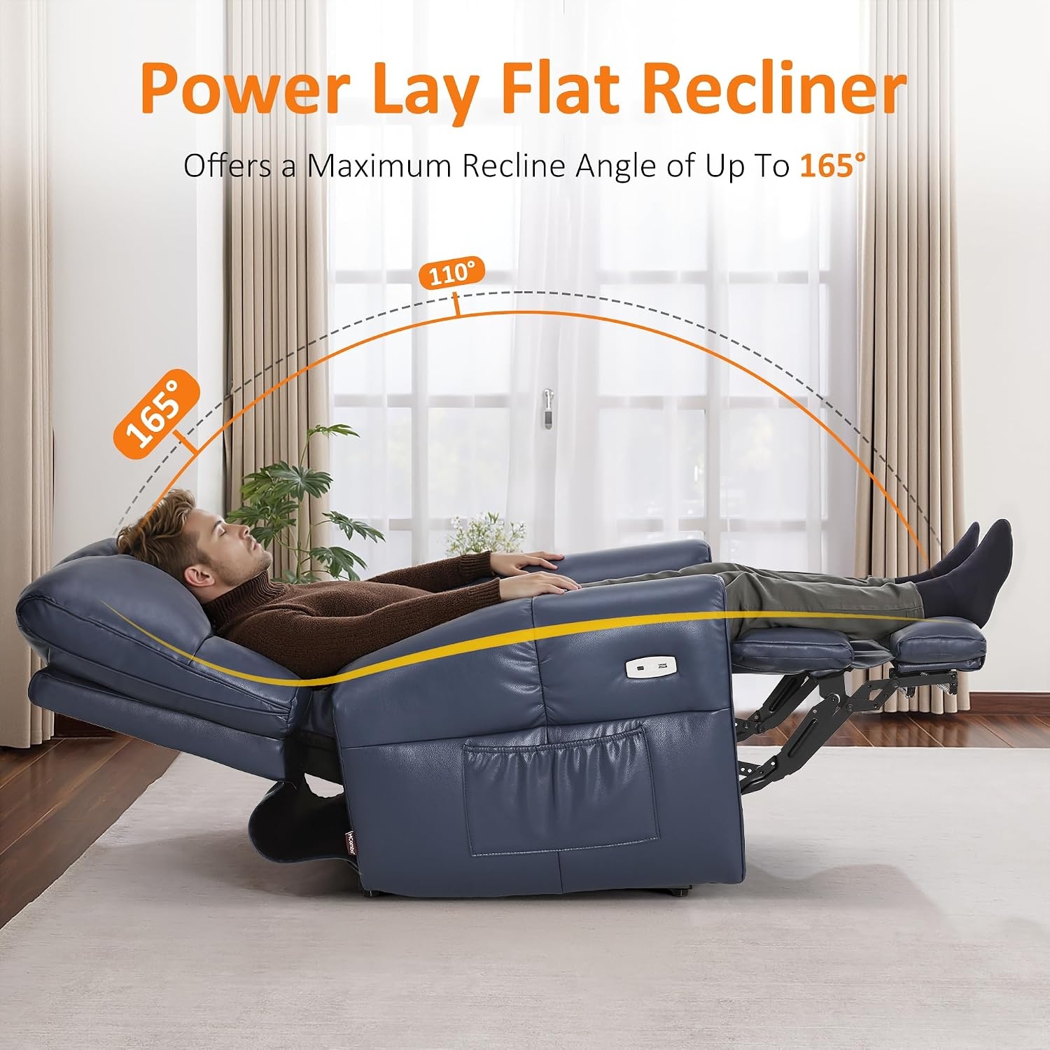 image:imageMCombo Large Lay Flat Dual Motor Power Recliner Chair with Heat and Vibration USB and Type C Ports Faux Leather Electric Recliner for Living Room Infinite Position 6199 Saddle BrownNavy Blue