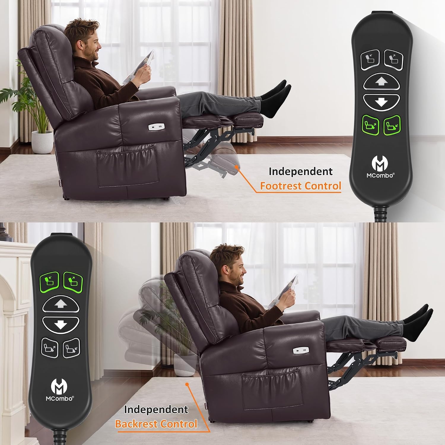 image:imageMCombo Large Lay Flat Dual Motor Power Recliner Chair with Heat and Vibration USB and Type C Ports Faux Leather Electric Recliner for Living Room Infinite Position 6199 Saddle BrownDark Brown