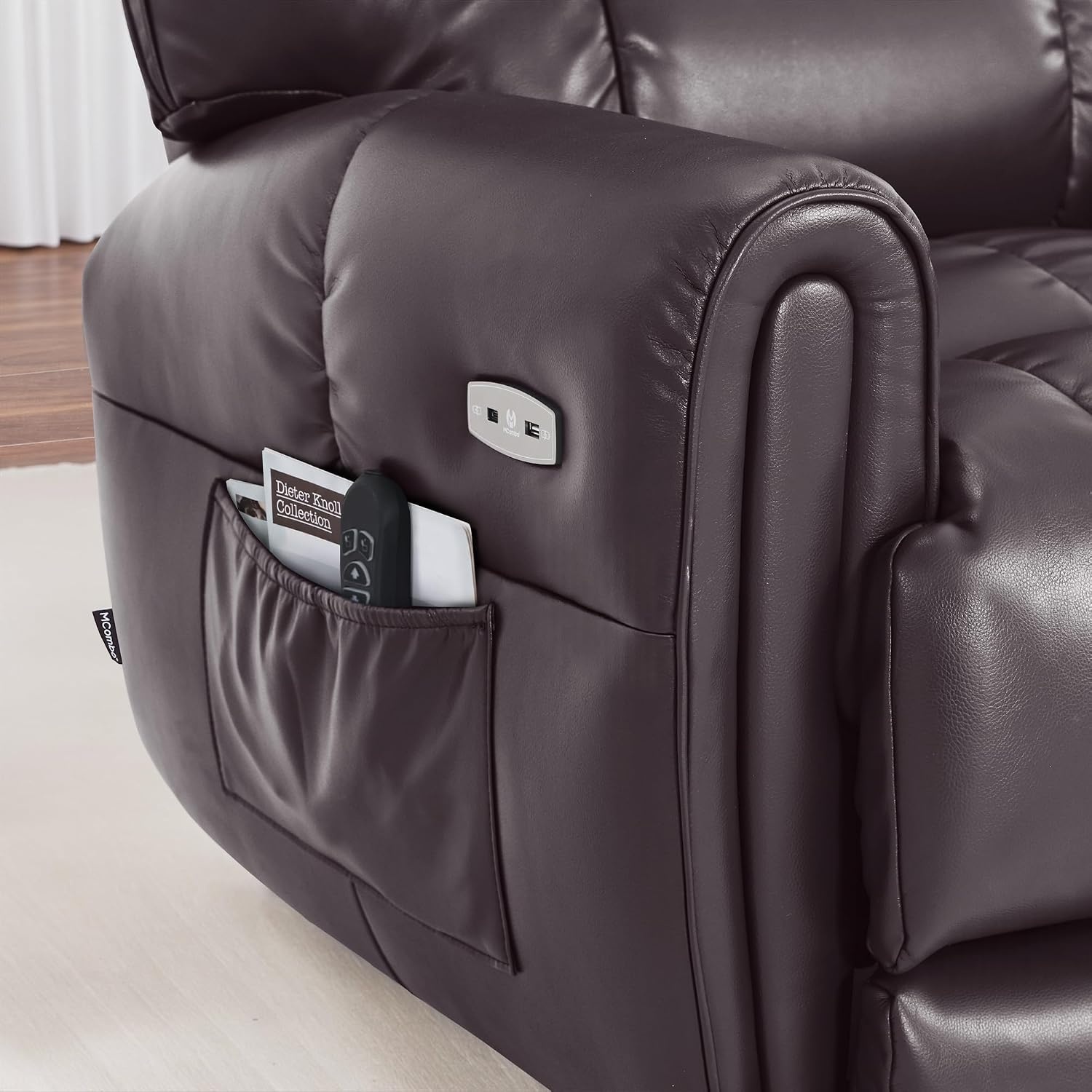 image:imageMCombo Large Lay Flat Dual Motor Power Recliner Chair with Heat and Vibration USB and Type C Ports Faux Leather Electric Recliner for Living Room Infinite Position 6199 Saddle BrownDark Brown