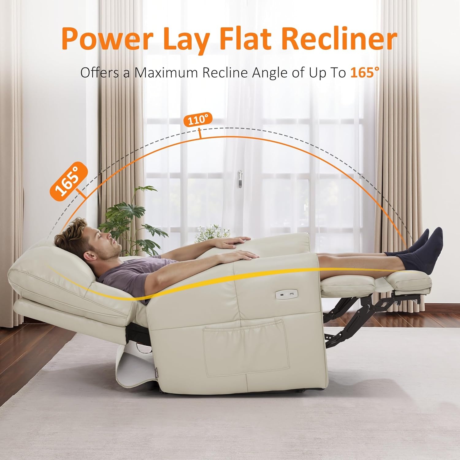 image:imageMCombo Large Lay Flat Dual Motor Power Recliner Chair with Heat and Vibration USB and Type C Ports Faux Leather Electric Recliner for Living Room Infinite Position 6199 Saddle BrownMilk White