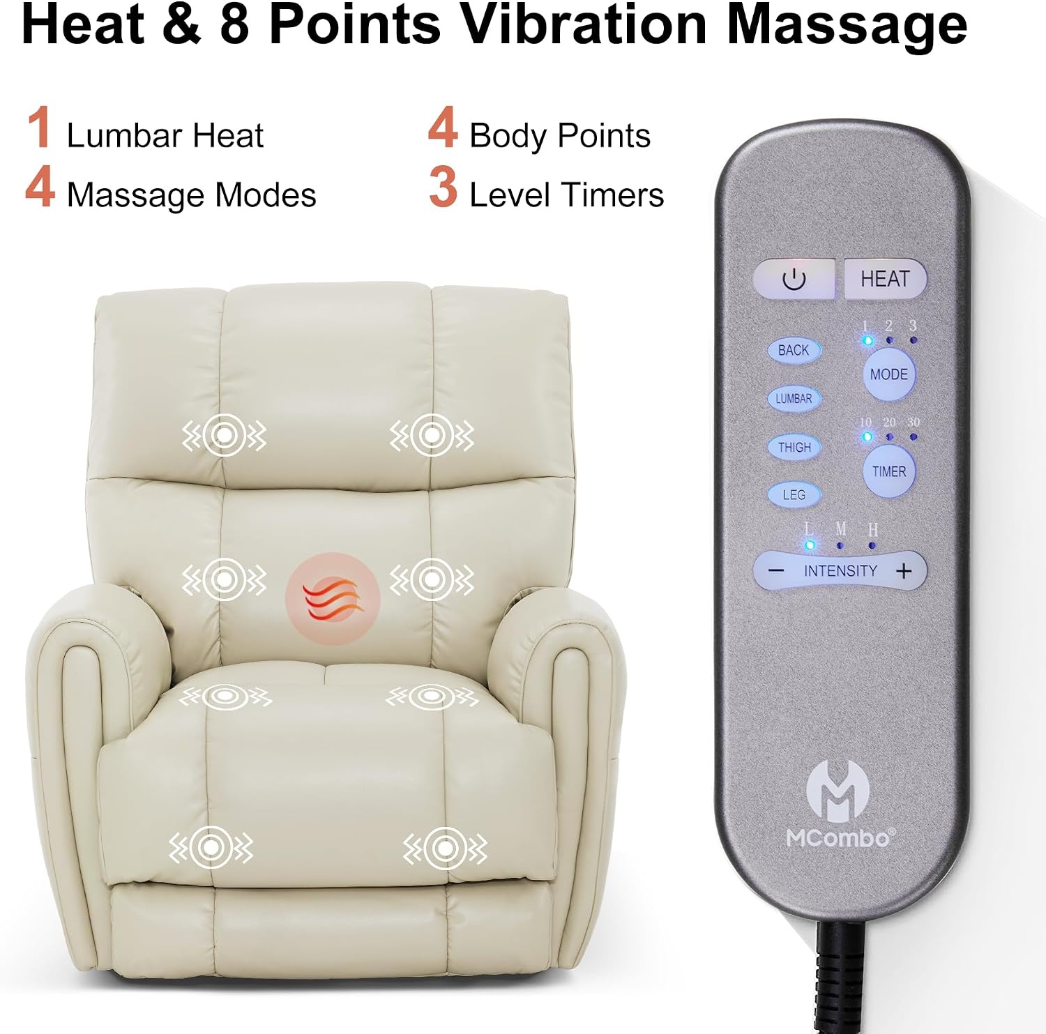 image:imageMCombo Large Lay Flat Dual Motor Power Recliner Chair with Heat and Vibration USB and Type C Ports Faux Leather Electric Recliner for Living Room Infinite Position 6199 Saddle BrownMilk White