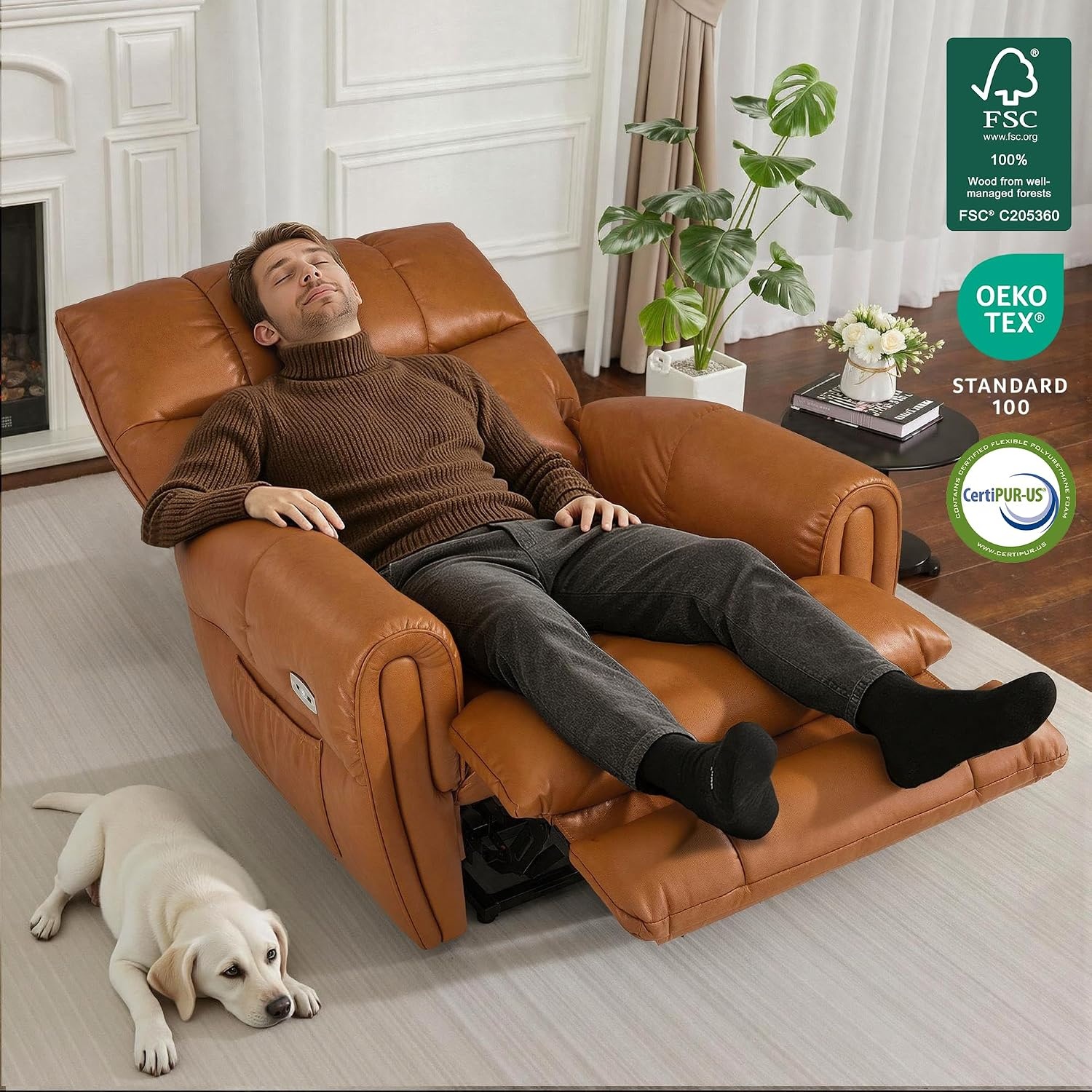 image:imageMCombo Large Lay Flat Dual Motor Power Recliner Chair with Heat and Vibration USB and Type C Ports Faux Leather Electric Recliner for Living Room Infinite Position 6199 Saddle BrownSaddle Brown