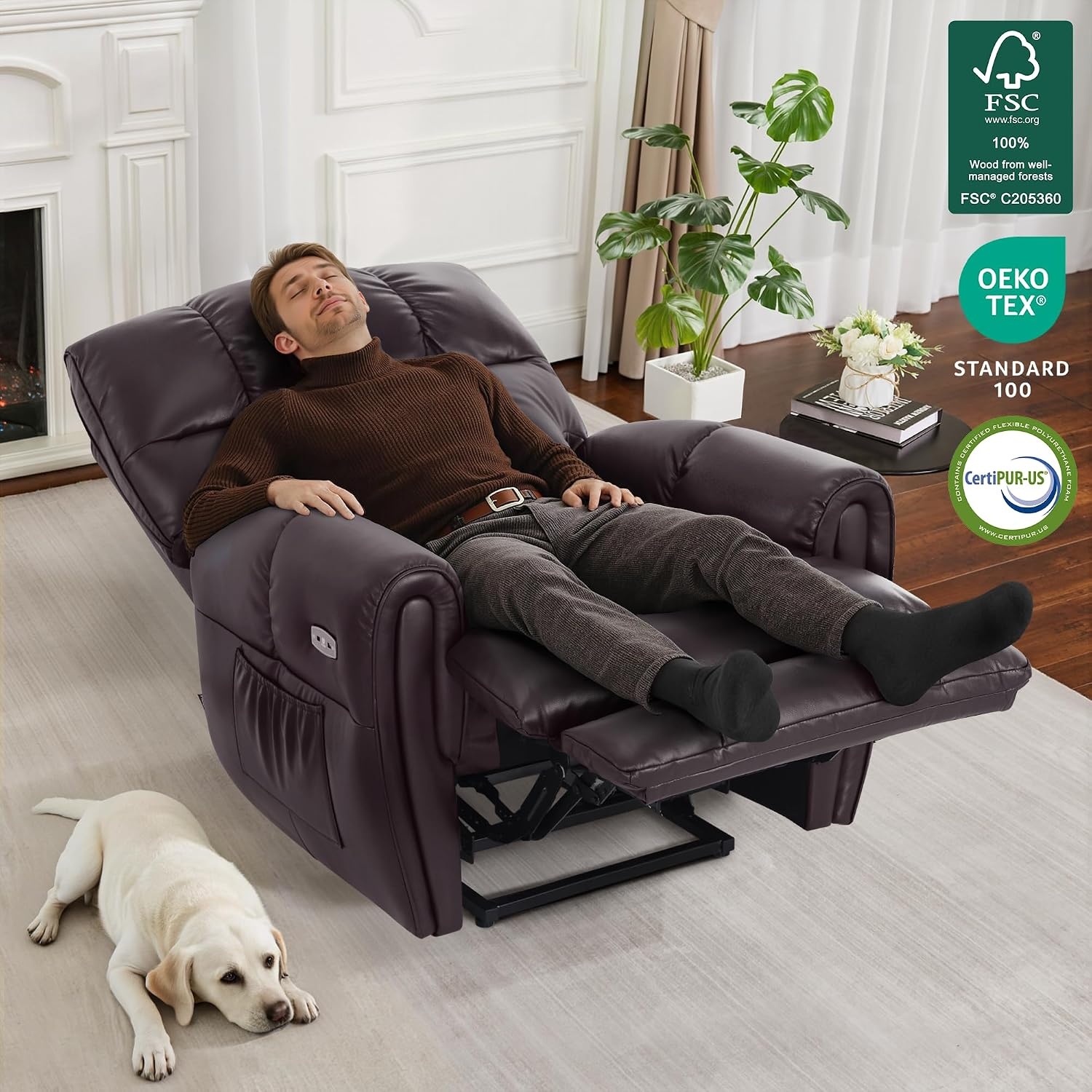 image:imageMCombo Large Lay Flat Dual Motor Power Recliner Chair with Heat and Vibration USB and Type C Ports Faux Leather Electric Recliner for Living Room Infinite Position 6199 Saddle BrownDark Brown