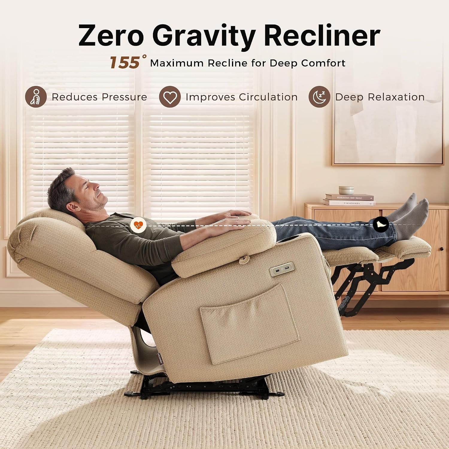 image:imageMCombo Recliner Chair for Adults Zero Gravity Recliner with Massage and Heat USB amp Type C Ports Cup Holders for Living Room PR670 Medium BrownBeige