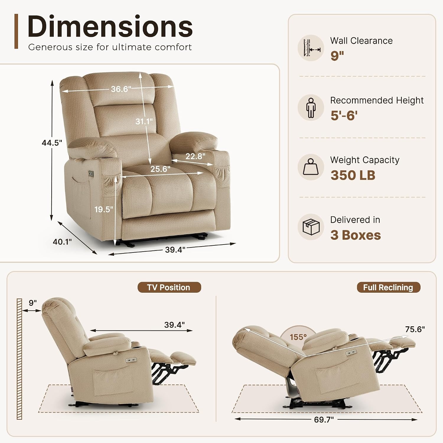 image:imageMCombo Recliner Chair for Adults Zero Gravity Recliner with Massage and Heat USB amp Type C Ports Cup Holders for Living Room PR670 Medium BrownBeige