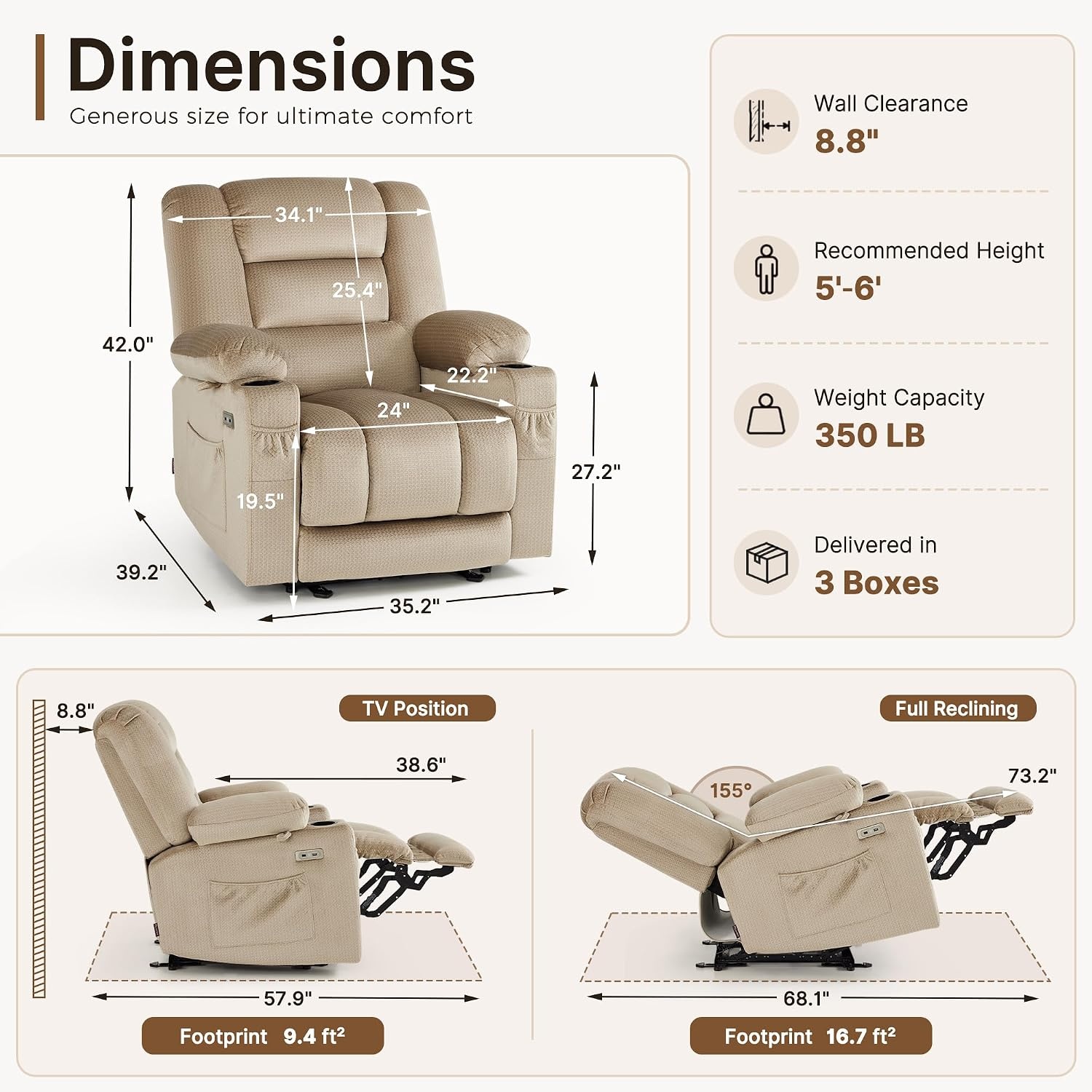 image:imageMCombo Recliner Chair for Adults Zero Gravity Recliner with Massage and Heat USB amp Type C Ports Cup Holders for Living Room PR670 Medium BrownBeige