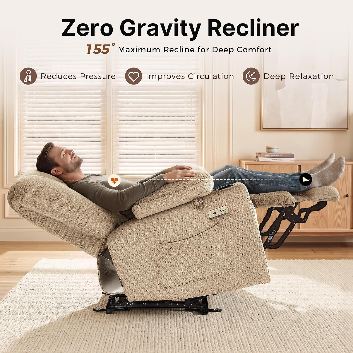 image:imageMCombo Recliner Chair for Adults Zero Gravity Recliner with Massage and Heat USB amp Type C Ports Cup Holders for Living Room PR670 Medium BrownBeige