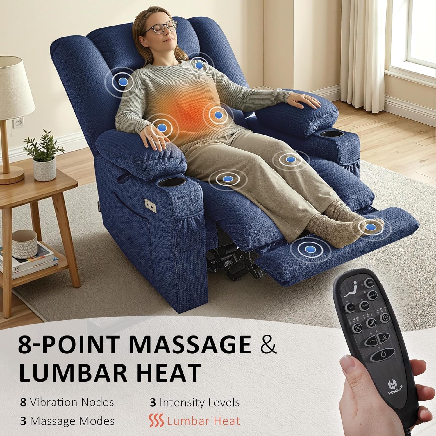 image:imageMCombo Recliner Chair for Adults Zero Gravity Recliner with Massage and Heat USB amp Type C Ports Cup Holders for Living Room PR670 Medium BrownBlue