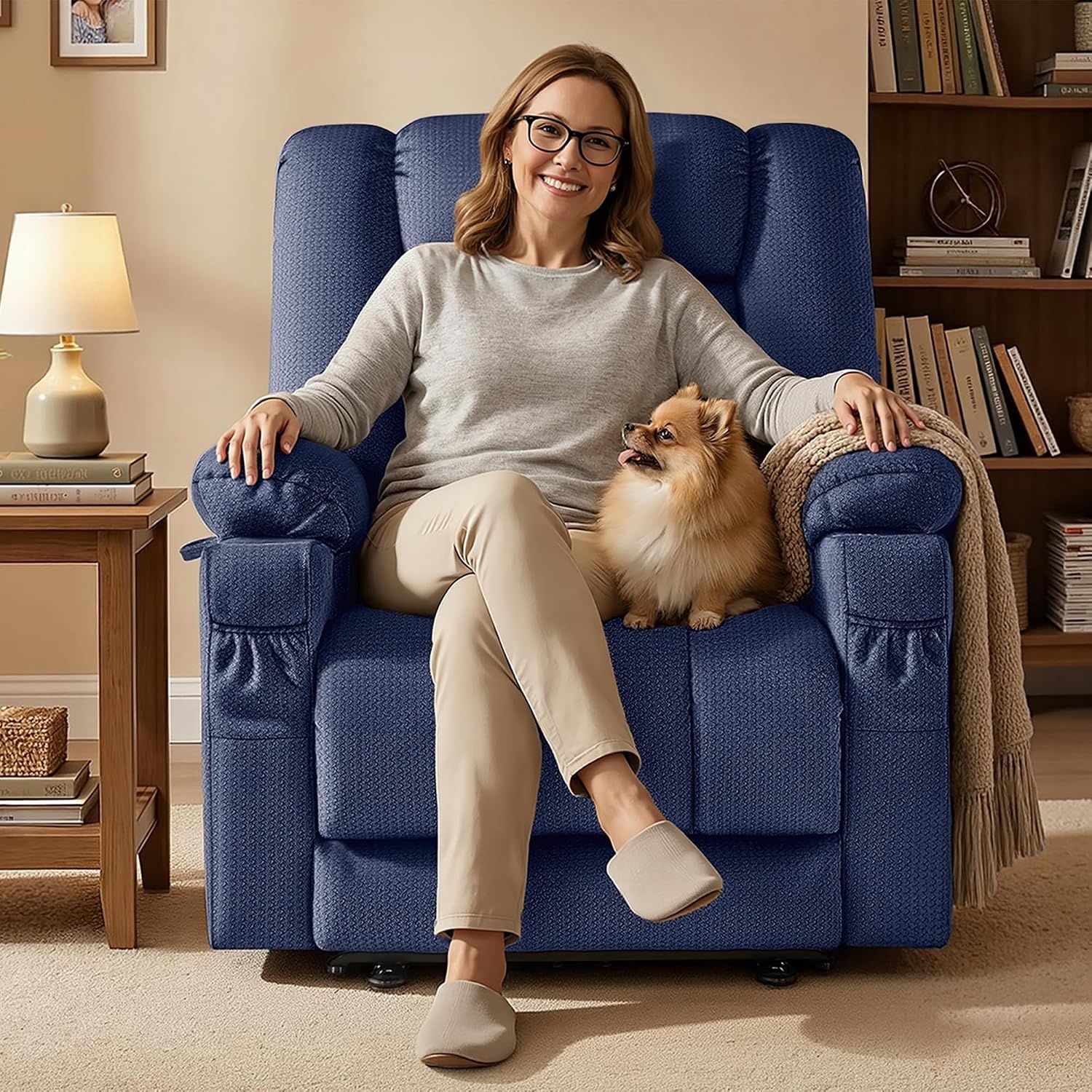 image:imageMCombo Recliner Chair for Adults Zero Gravity Recliner with Massage and Heat USB amp Type C Ports Cup Holders for Living Room PR670 Medium BrownBlue