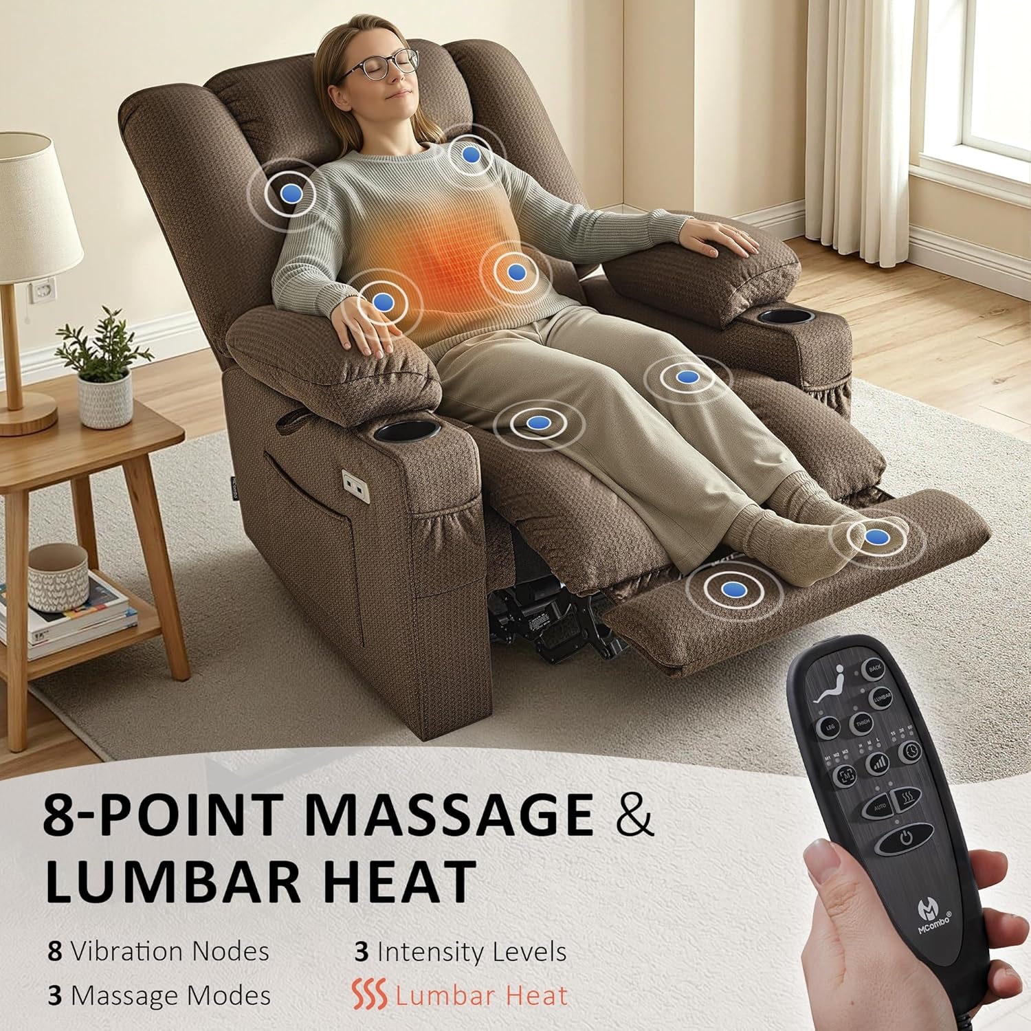 image:imageMCombo Recliner Chair for Adults Zero Gravity Recliner with Massage and Heat USB amp Type C Ports Cup Holders for Living Room PR670 Medium BrownBrown