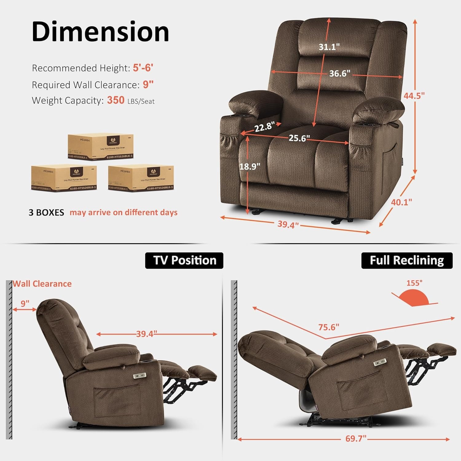 image:imageMCombo Recliner Chair for Adults Zero Gravity Recliner with Massage and Heat USB amp Type C Ports Cup Holders for Living Room PR670 Medium BrownBrown