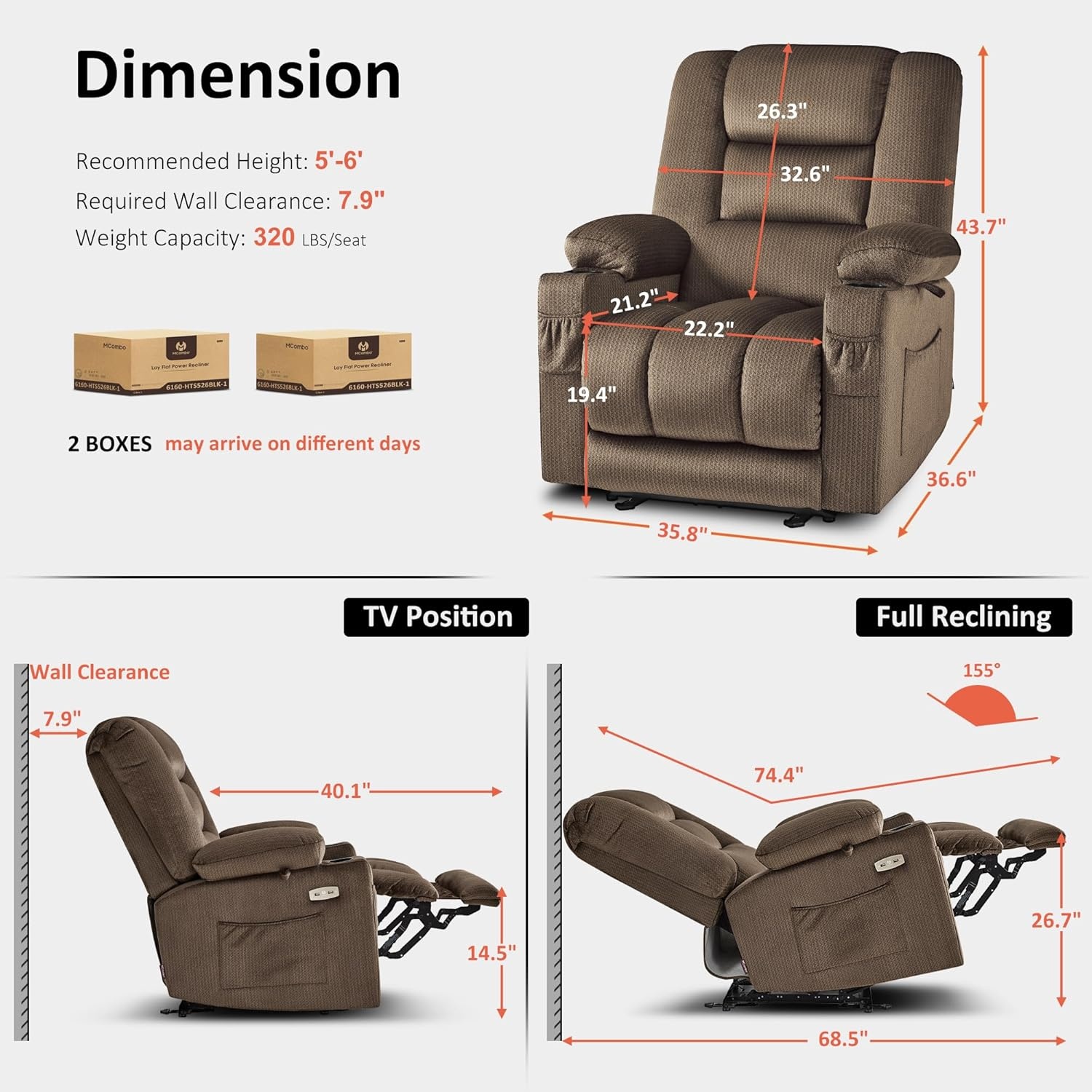 image:imageMCombo Recliner Chair for Adults Zero Gravity Recliner with Massage and Heat USB amp Type C Ports Cup Holders for Living Room PR670 Medium BrownDark Brown
