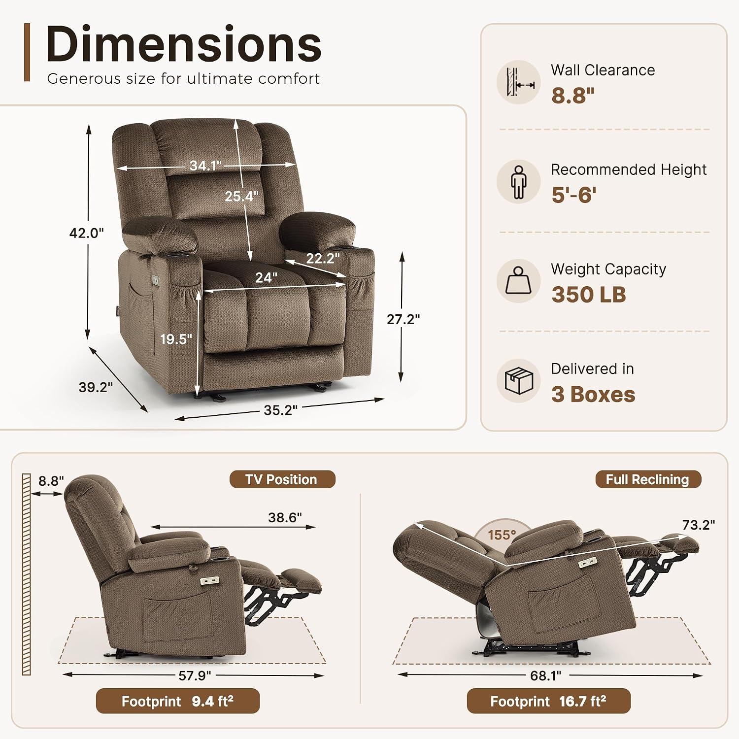 image:imageMCombo Recliner Chair for Adults Zero Gravity Recliner with Massage and Heat USB amp Type C Ports Cup Holders for Living Room PR670 Medium BrownDark Brown