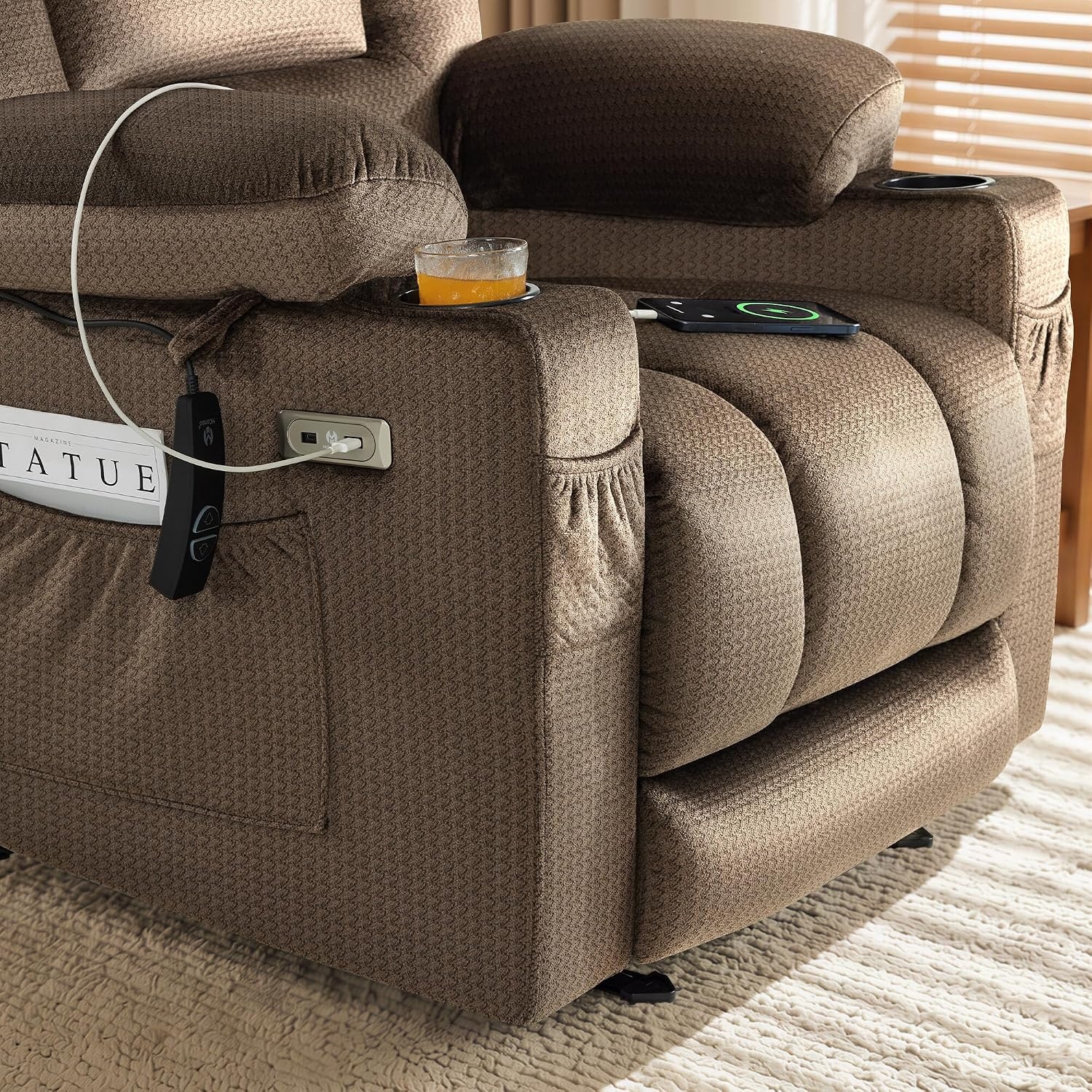 image:imageMCombo Recliner Chair for Adults Zero Gravity Recliner with Massage and Heat USB amp Type C Ports Cup Holders for Living Room PR670 Medium BrownDark Brown
