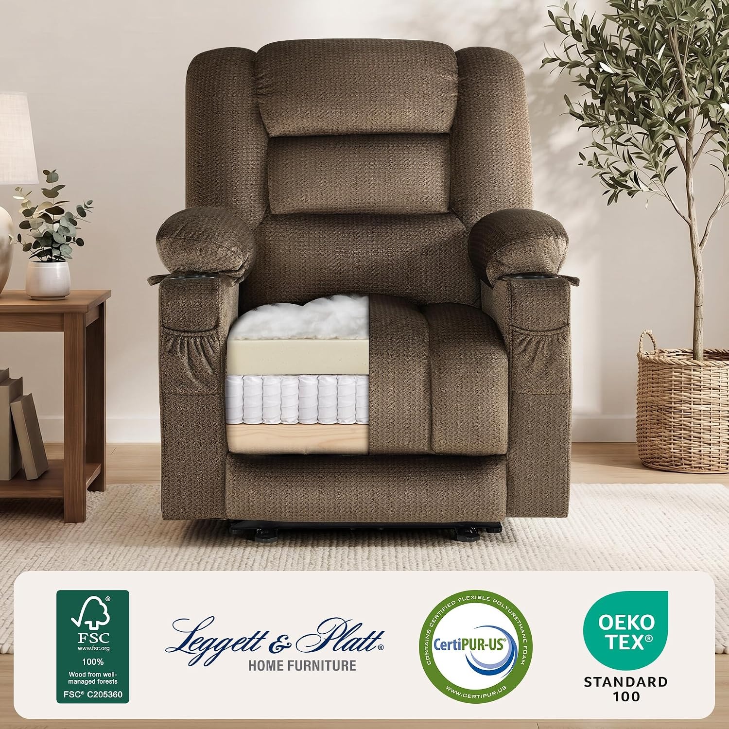 image:imageMCombo Recliner Chair for Adults Zero Gravity Recliner with Massage and Heat USB amp Type C Ports Cup Holders for Living Room PR670 Medium BrownDark Brown