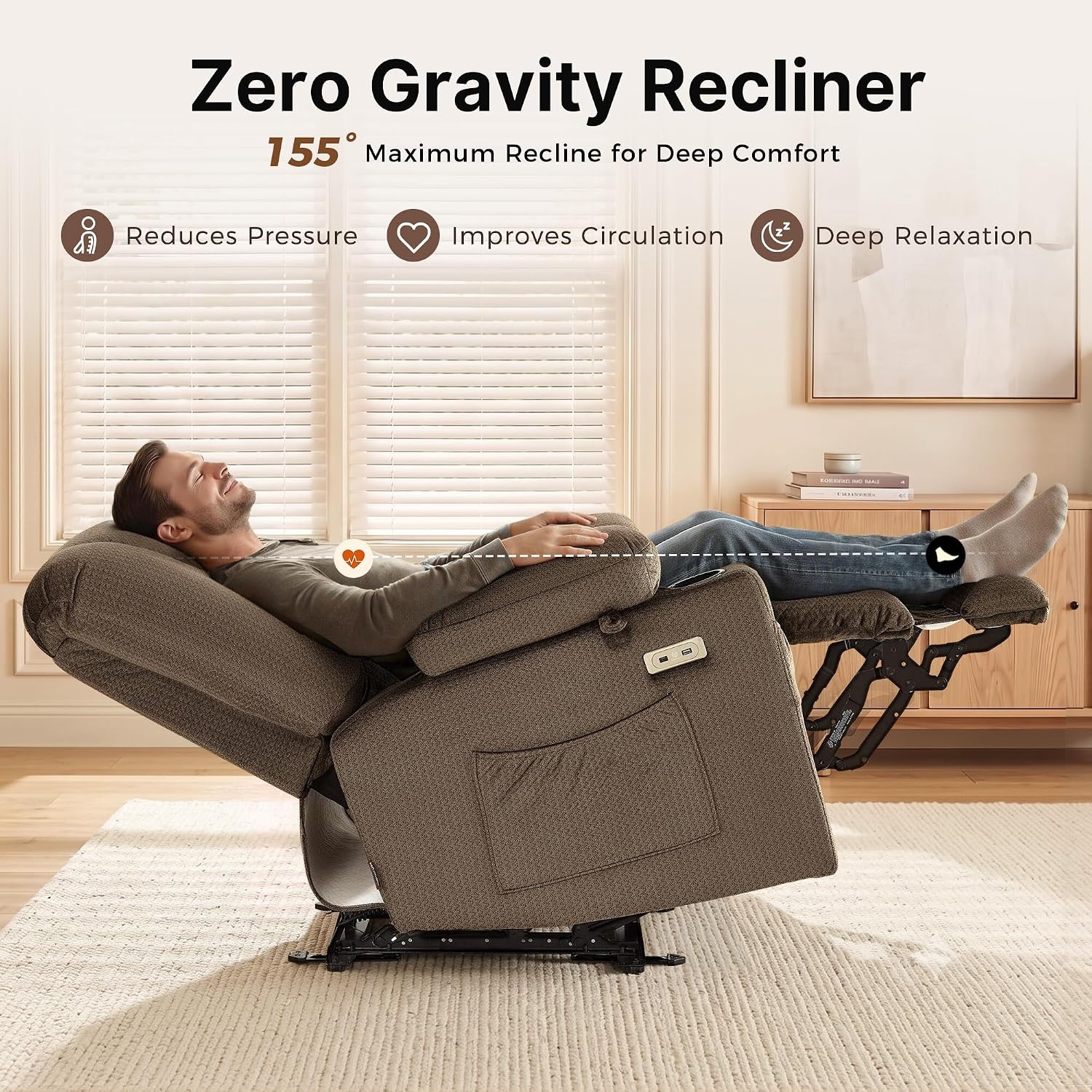 image:imageMCombo Recliner Chair for Adults Zero Gravity Recliner with Massage and Heat USB amp Type C Ports Cup Holders for Living Room PR670 Medium BrownDark Brown