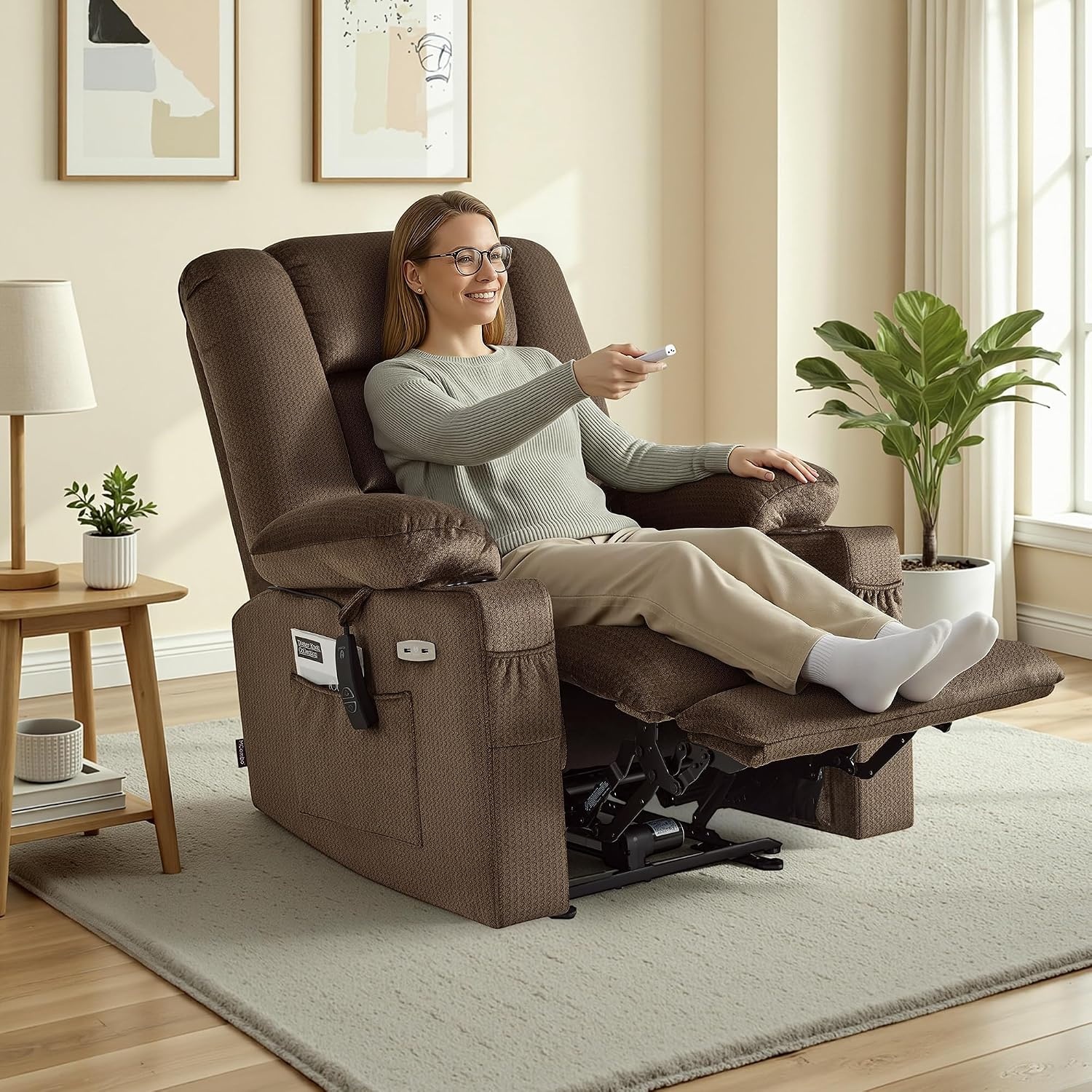 image:imageMCombo Recliner Chair for Adults Zero Gravity Recliner with Massage and Heat USB amp Type C Ports Cup Holders for Living Room PR670 Medium BrownDark Brown
