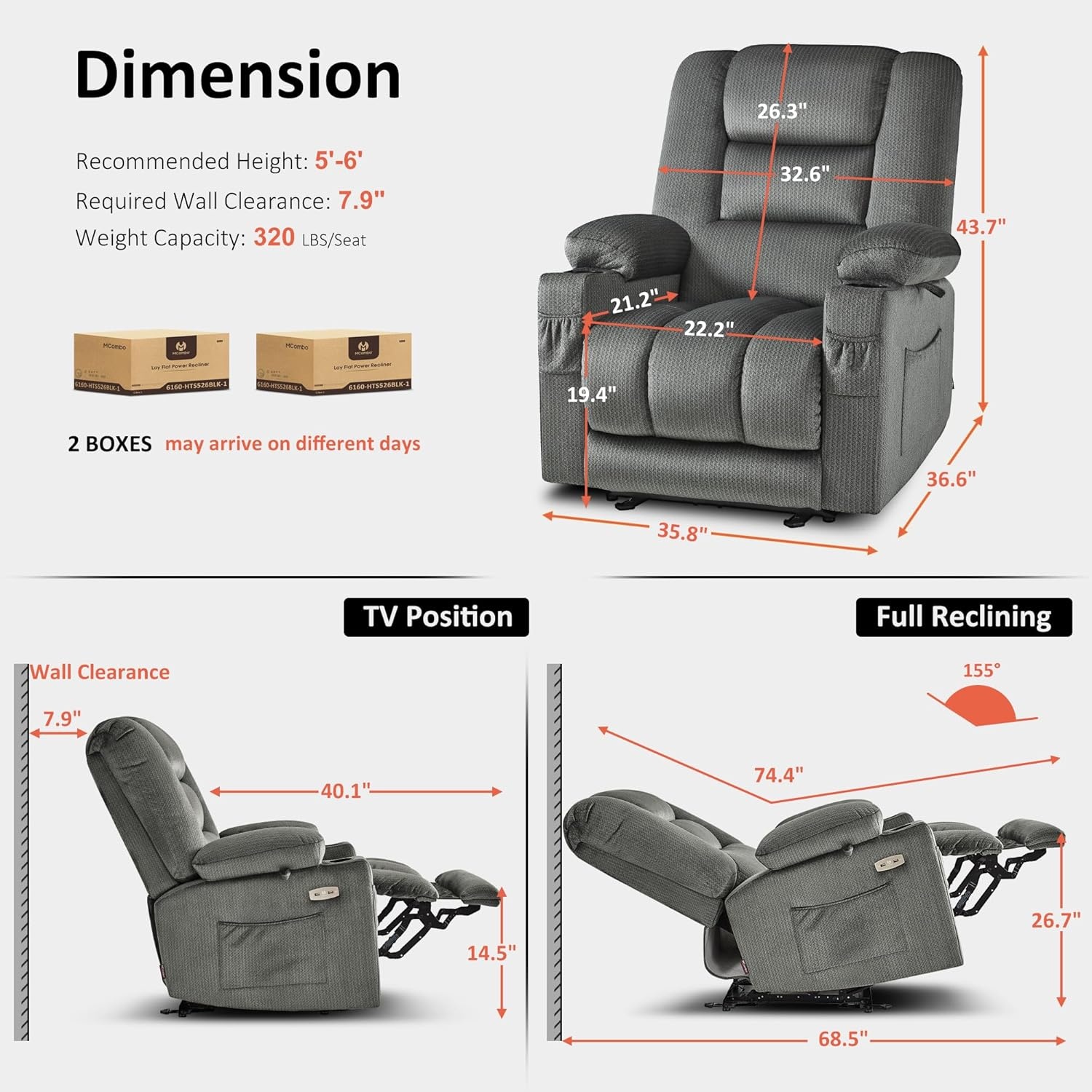 image:imageMCombo Recliner Chair for Adults Zero Gravity Recliner with Massage and Heat USB amp Type C Ports Cup Holders for Living Room PR670 Medium BrownGrey