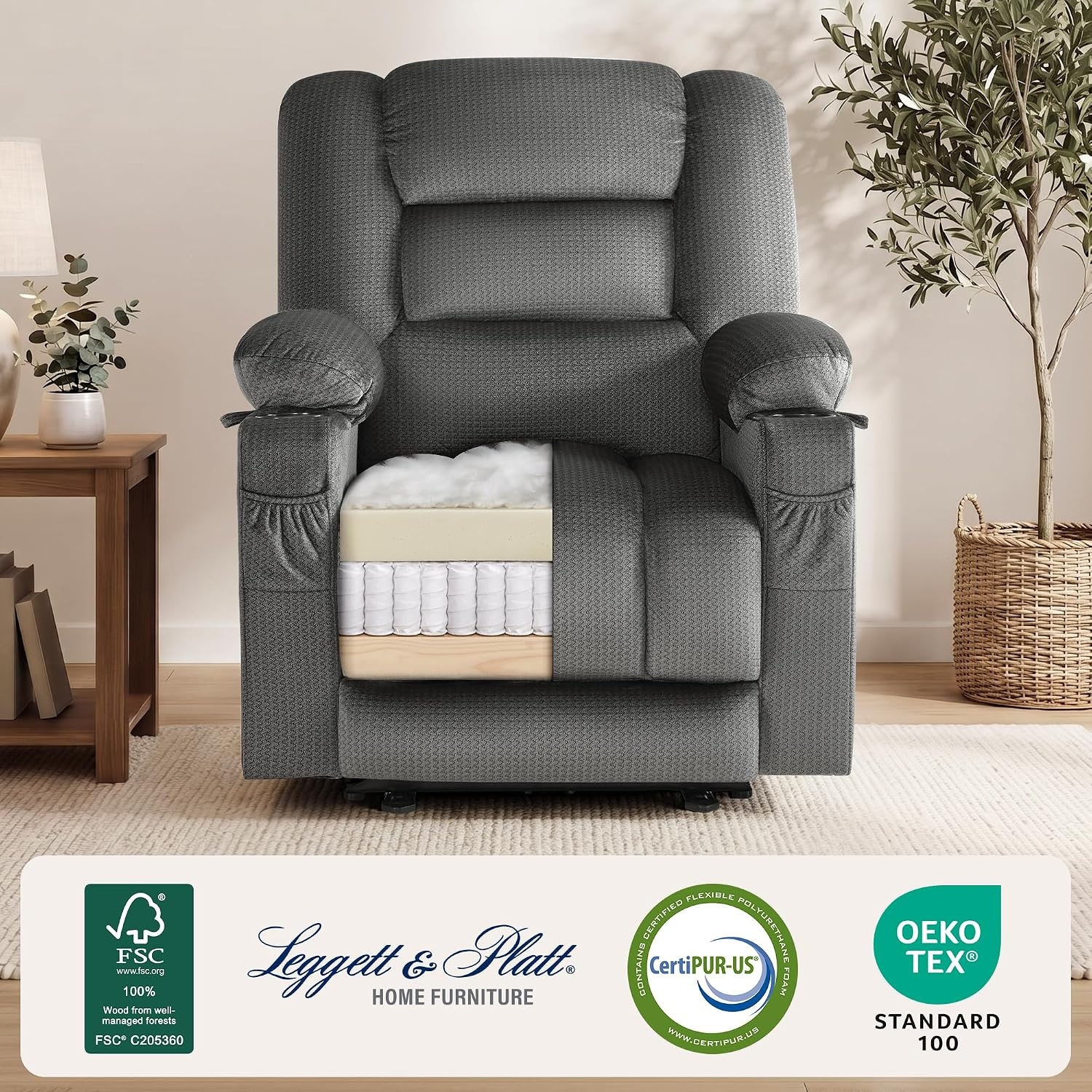 image:imageMCombo Recliner Chair for Adults Zero Gravity Recliner with Massage and Heat USB amp Type C Ports Cup Holders for Living Room PR670 Medium BrownGrey
