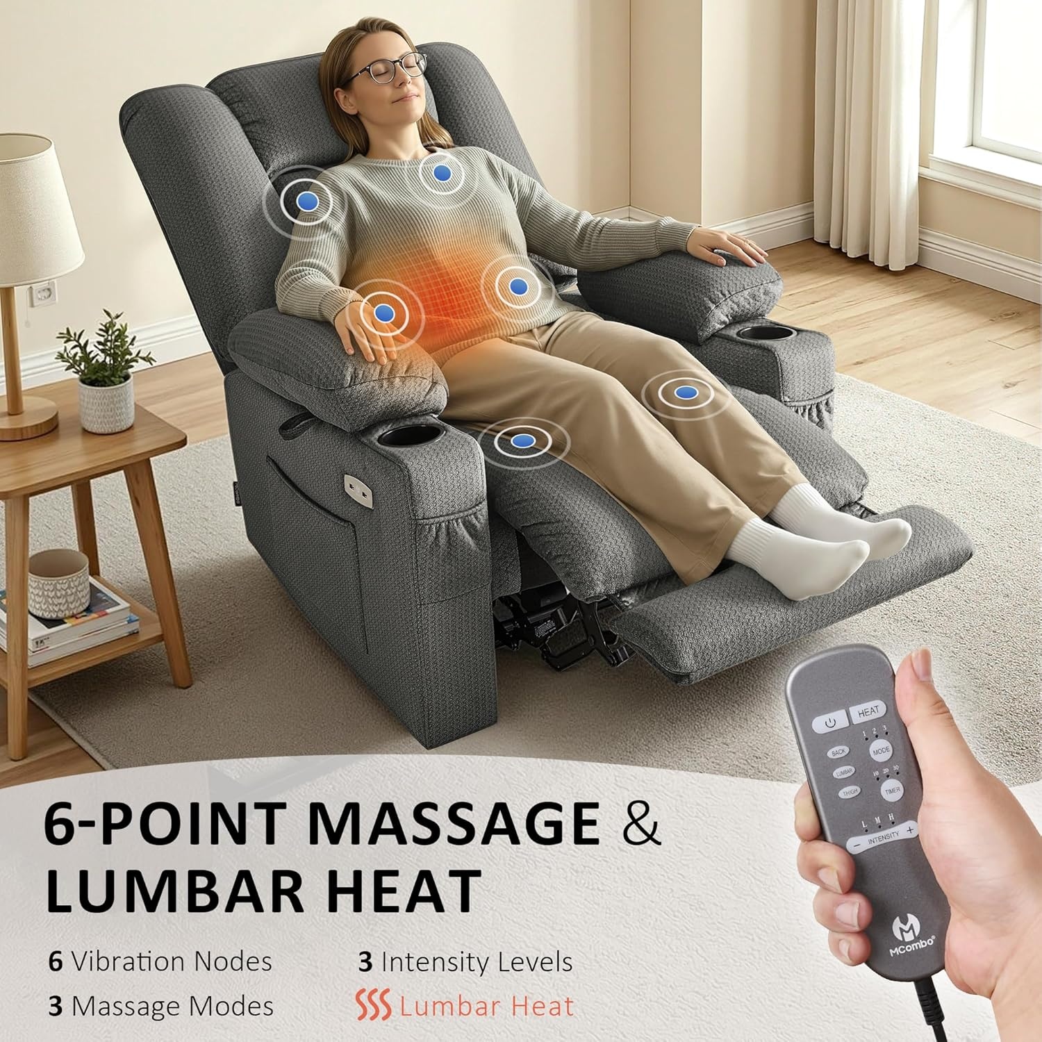 image:imageMCombo Recliner Chair for Adults Zero Gravity Recliner with Massage and Heat USB amp Type C Ports Cup Holders for Living Room PR670 Medium BrownGrey