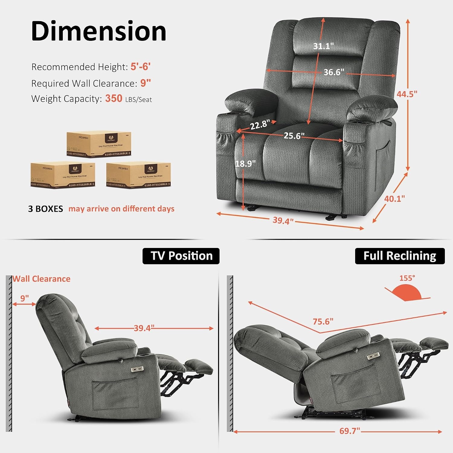 image:imageMCombo Recliner Chair for Adults Zero Gravity Recliner with Massage and Heat USB amp Type C Ports Cup Holders for Living Room PR670 Medium BrownGrey