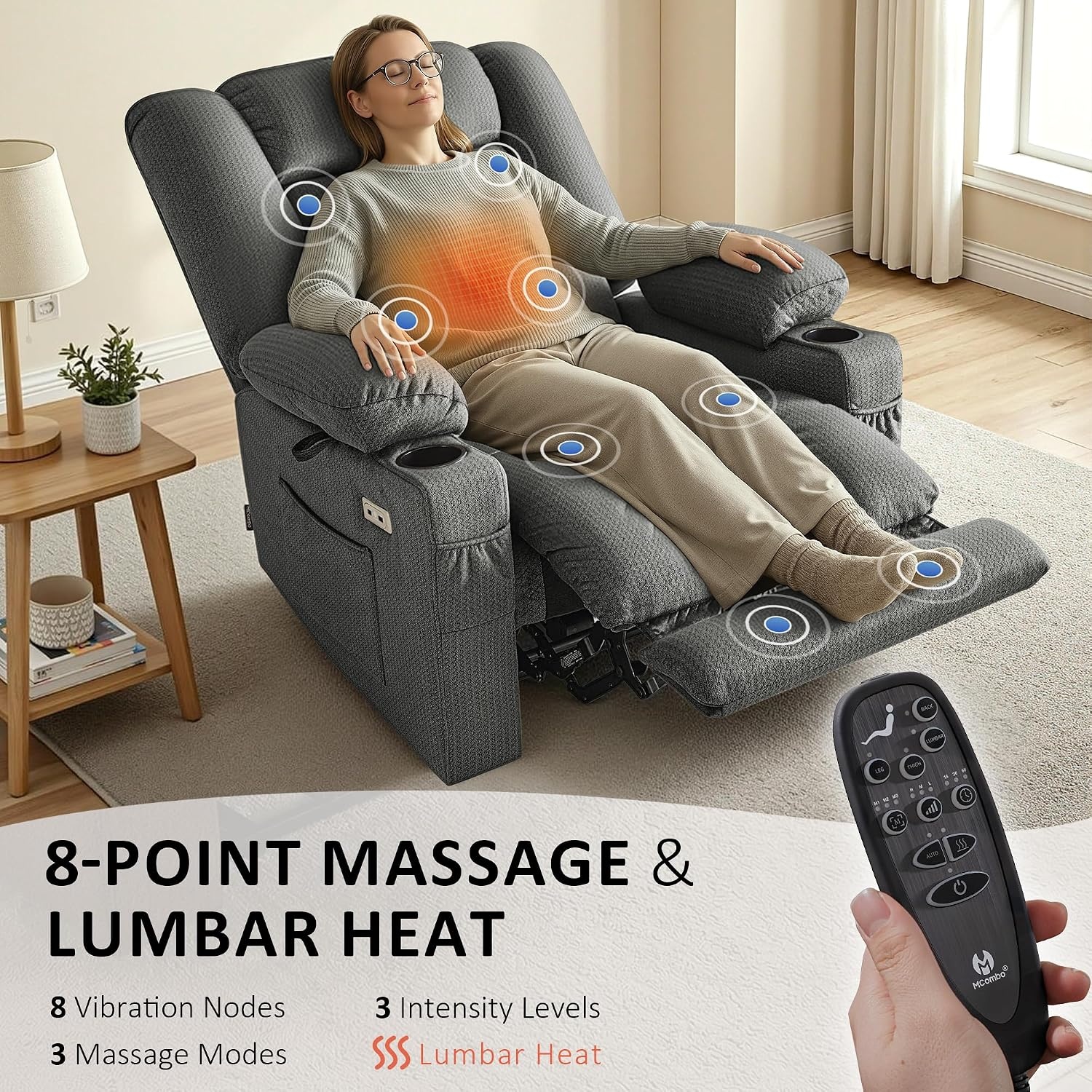 image:imageMCombo Recliner Chair for Adults Zero Gravity Recliner with Massage and Heat USB amp Type C Ports Cup Holders for Living Room PR670 Medium BrownGrey