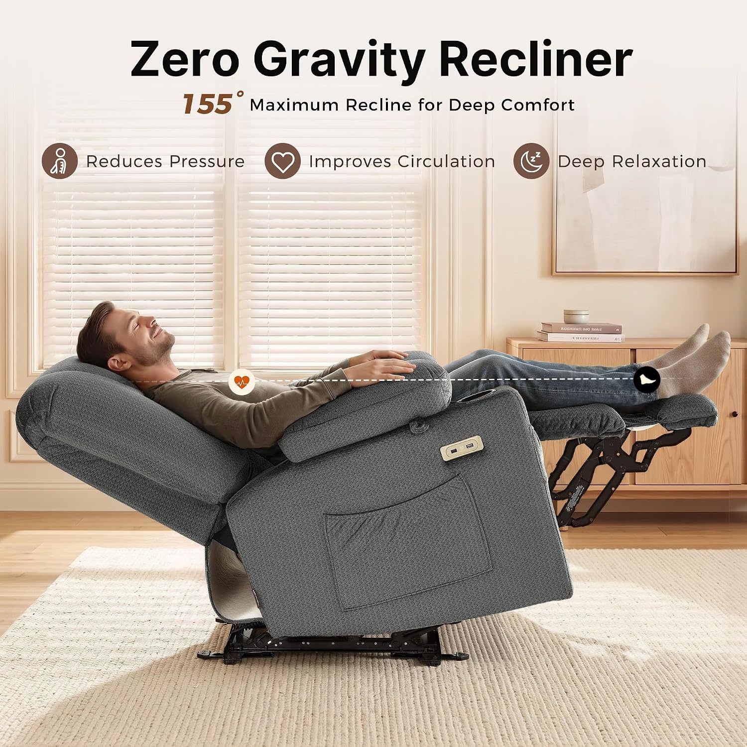 image:imageMCombo Recliner Chair for Adults Zero Gravity Recliner with Massage and Heat USB amp Type C Ports Cup Holders for Living Room PR670 Medium BrownGrey