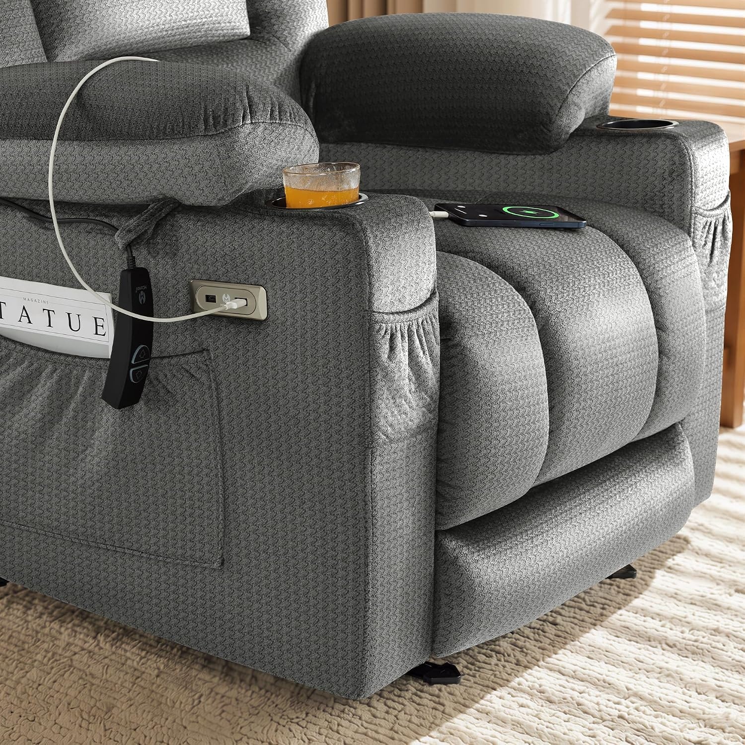 image:imageMCombo Recliner Chair for Adults Zero Gravity Recliner with Massage and Heat USB amp Type C Ports Cup Holders for Living Room PR670 Medium BrownGrey