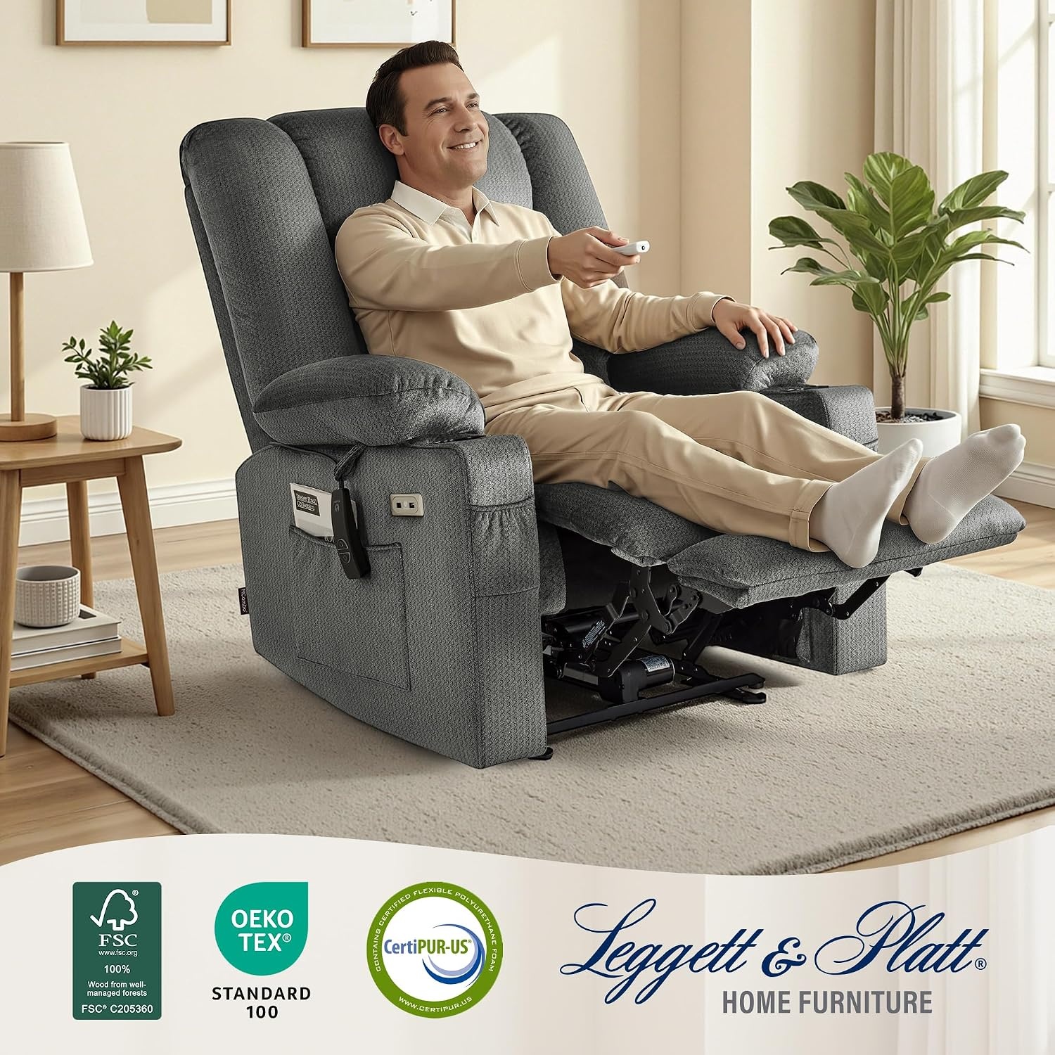 image:imageMCombo Recliner Chair for Adults Zero Gravity Recliner with Massage and Heat USB amp Type C Ports Cup Holders for Living Room PR670 Medium BrownGrey