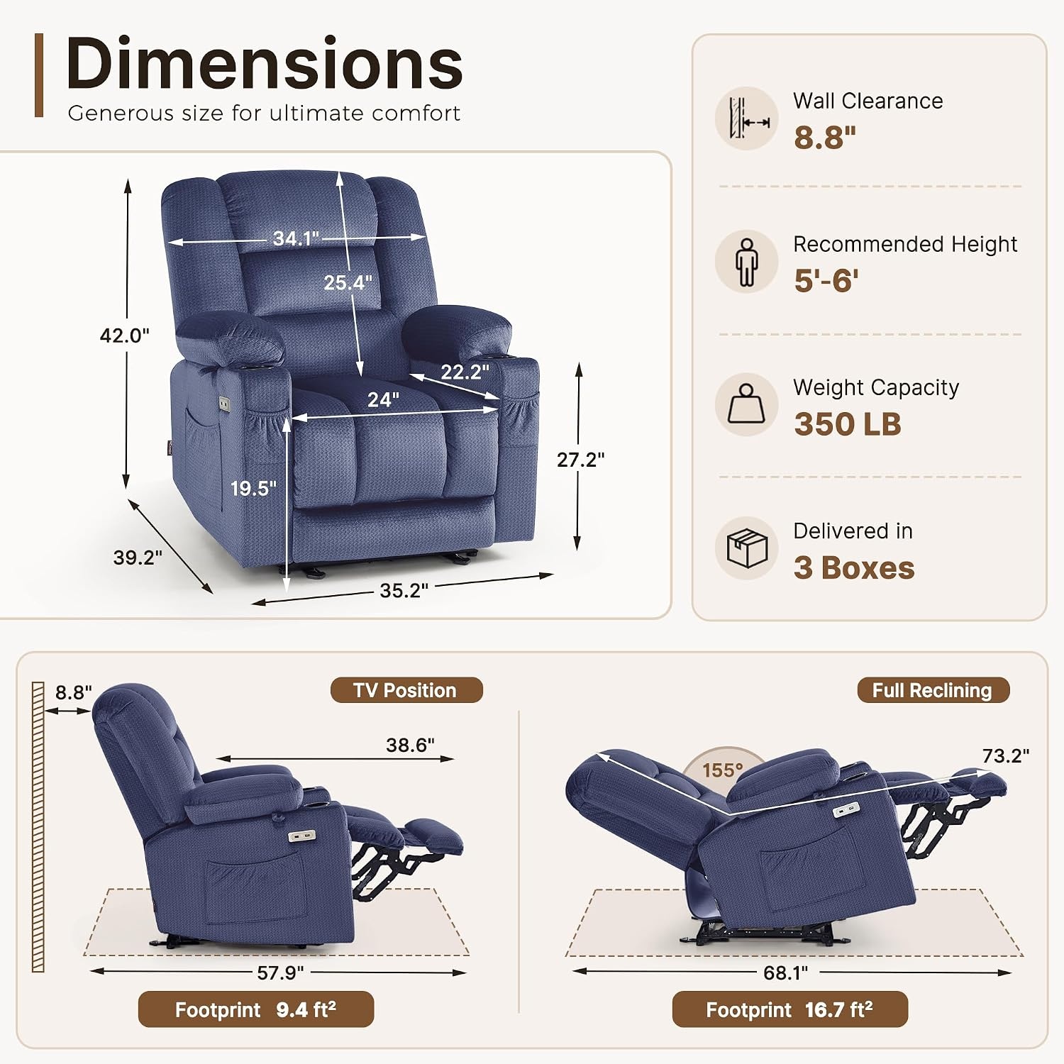 image:imageMCombo Recliner Chair for Adults Zero Gravity Recliner with Massage and Heat USB amp Type C Ports Cup Holders for Living Room PR670 Medium BrownNavy Blue