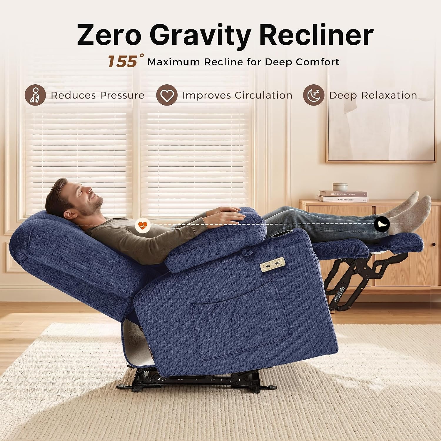 image:imageMCombo Recliner Chair for Adults Zero Gravity Recliner with Massage and Heat USB amp Type C Ports Cup Holders for Living Room PR670 Medium BrownNavy Blue