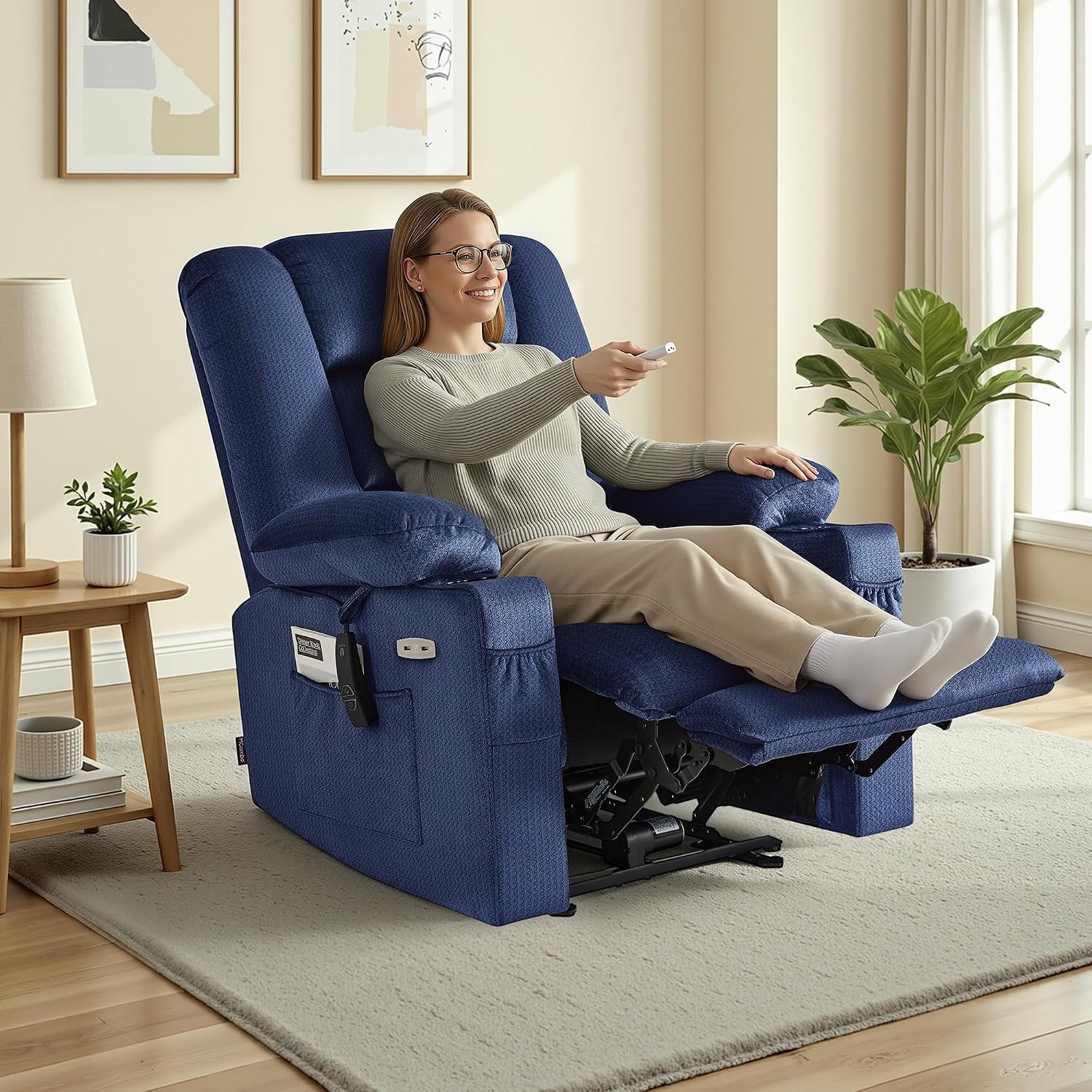 image:imageMCombo Recliner Chair for Adults Zero Gravity Recliner with Massage and Heat USB amp Type C Ports Cup Holders for Living Room PR670 Medium BrownNavy Blue