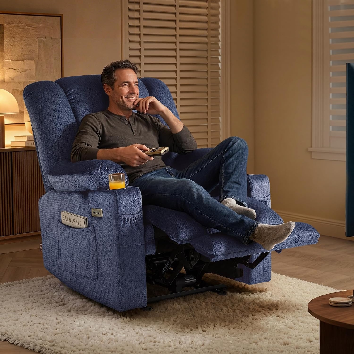 image:imageMCombo Recliner Chair for Adults Zero Gravity Recliner with Massage and Heat USB amp Type C Ports Cup Holders for Living Room PR670 Medium BrownNavy Blue