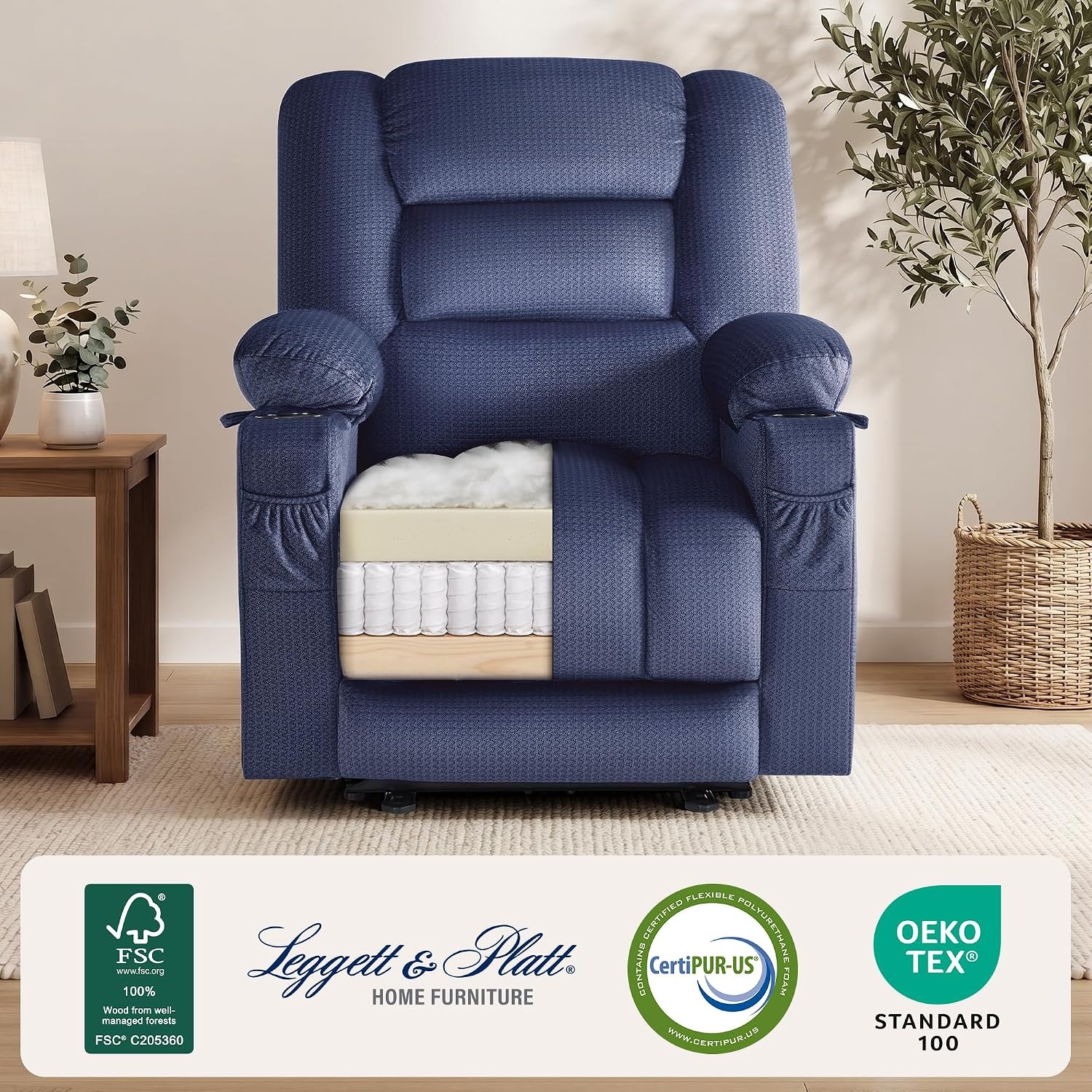 image:imageMCombo Recliner Chair for Adults Zero Gravity Recliner with Massage and Heat USB amp Type C Ports Cup Holders for Living Room PR670 Medium BrownNavy Blue