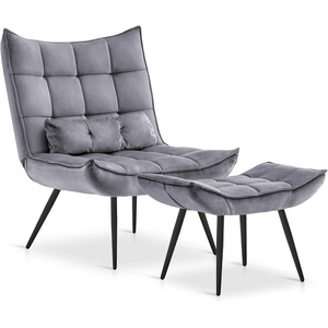 image:imageMCombo Accent Chair with Ottoman Set of 2 Modern Velvet Wingback Reading Chair with Lumbar Pillow Upholstered Lounge Armchair with Footrest for Living Room Bedroom Small Space 4079 2 Dark GreyDark Grey