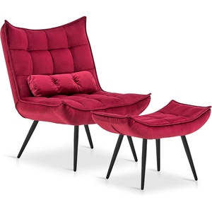 image:imageMCombo Accent Chair with Ottoman Set of 2 Modern Velvet Wingback Reading Chair with Lumbar Pillow Upholstered Lounge Armchair with Footrest for Living Room Bedroom Small Space 4079 2 Dark GreyBurgundy