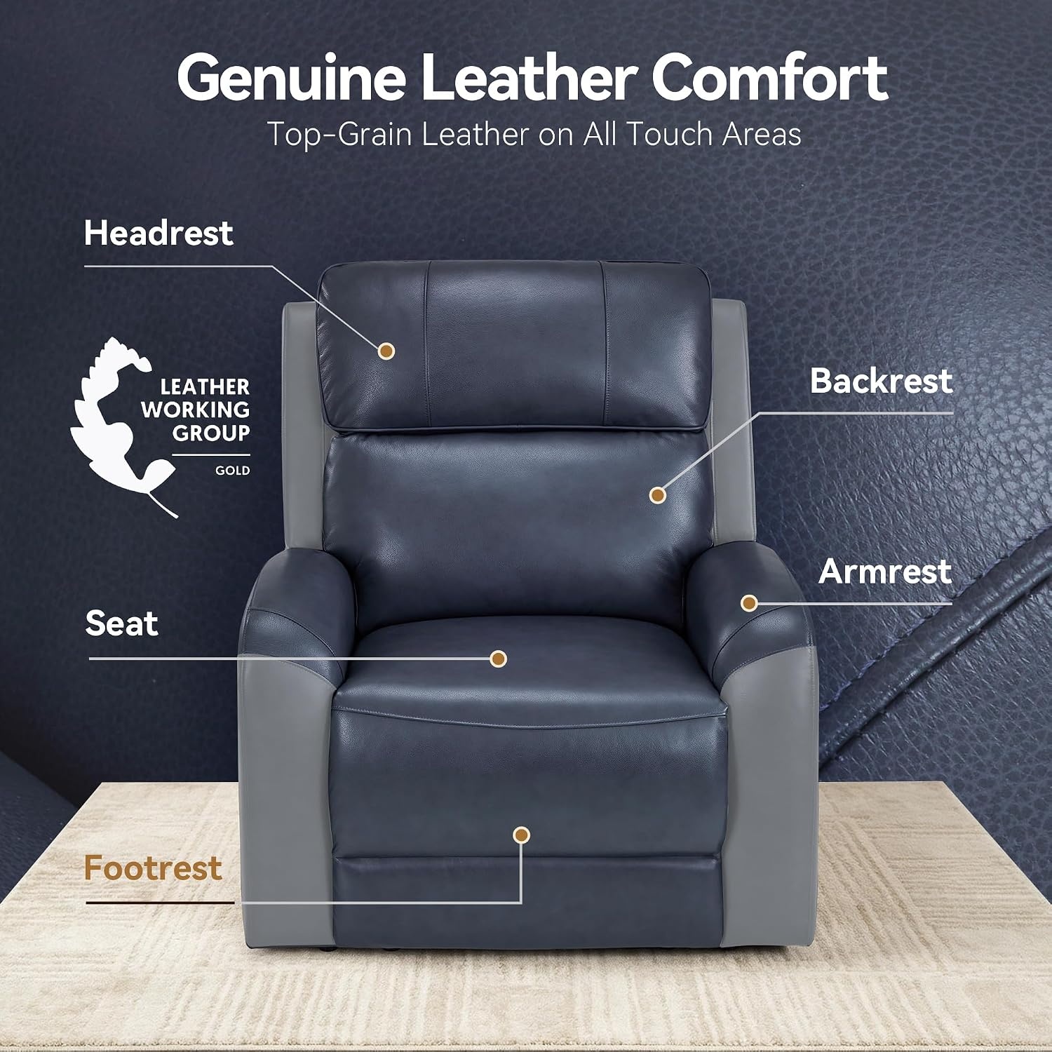 image:imageMCombo Genuine Leather Power Recliner Chair Zero Wall Hugger Recliner for Small Spaces with Power Headrest USB amp TypeC Charging Ports Compact for Living Room amp RV PR693 Dark BrownNavy