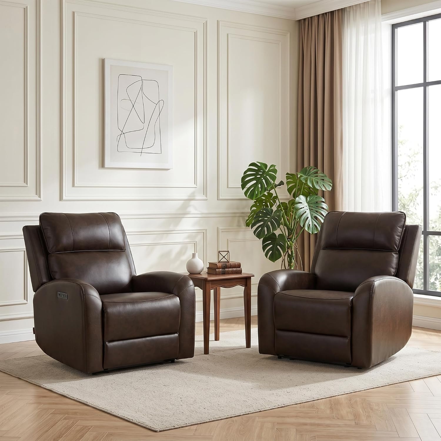 image:imageMCombo Genuine Leather Power Recliner Chair Zero Wall Hugger Recliner for Small Spaces with Power Headrest USB amp TypeC Charging Ports Compact for Living Room amp RV PR693 Dark BrownDark Brown
