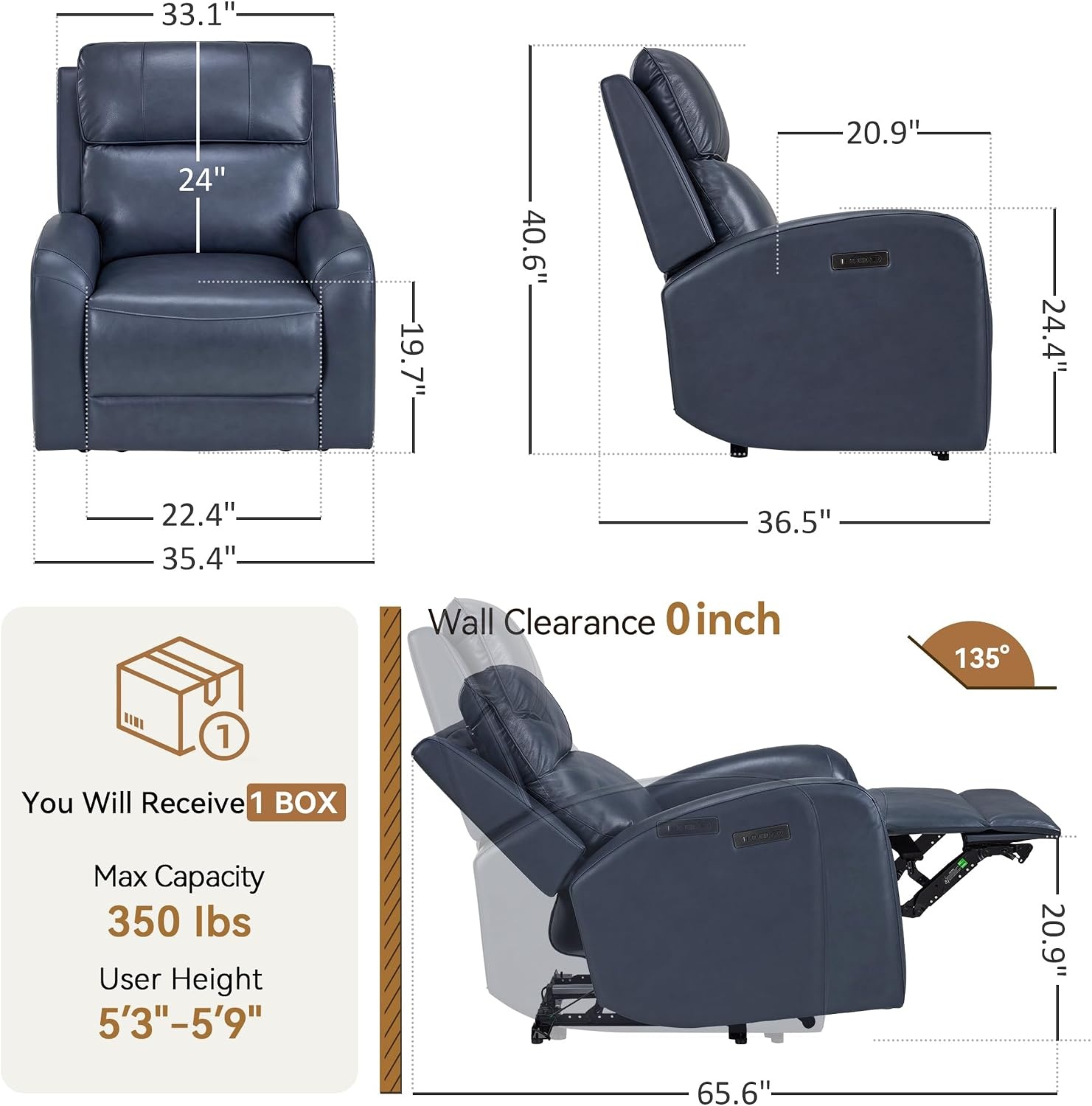 image:imageMCombo Genuine Leather Power Recliner Chair Zero Wall Hugger Recliner for Small Spaces with Power Headrest USB amp TypeC Charging Ports Compact for Living Room amp RV PR693 Dark BrownNavy