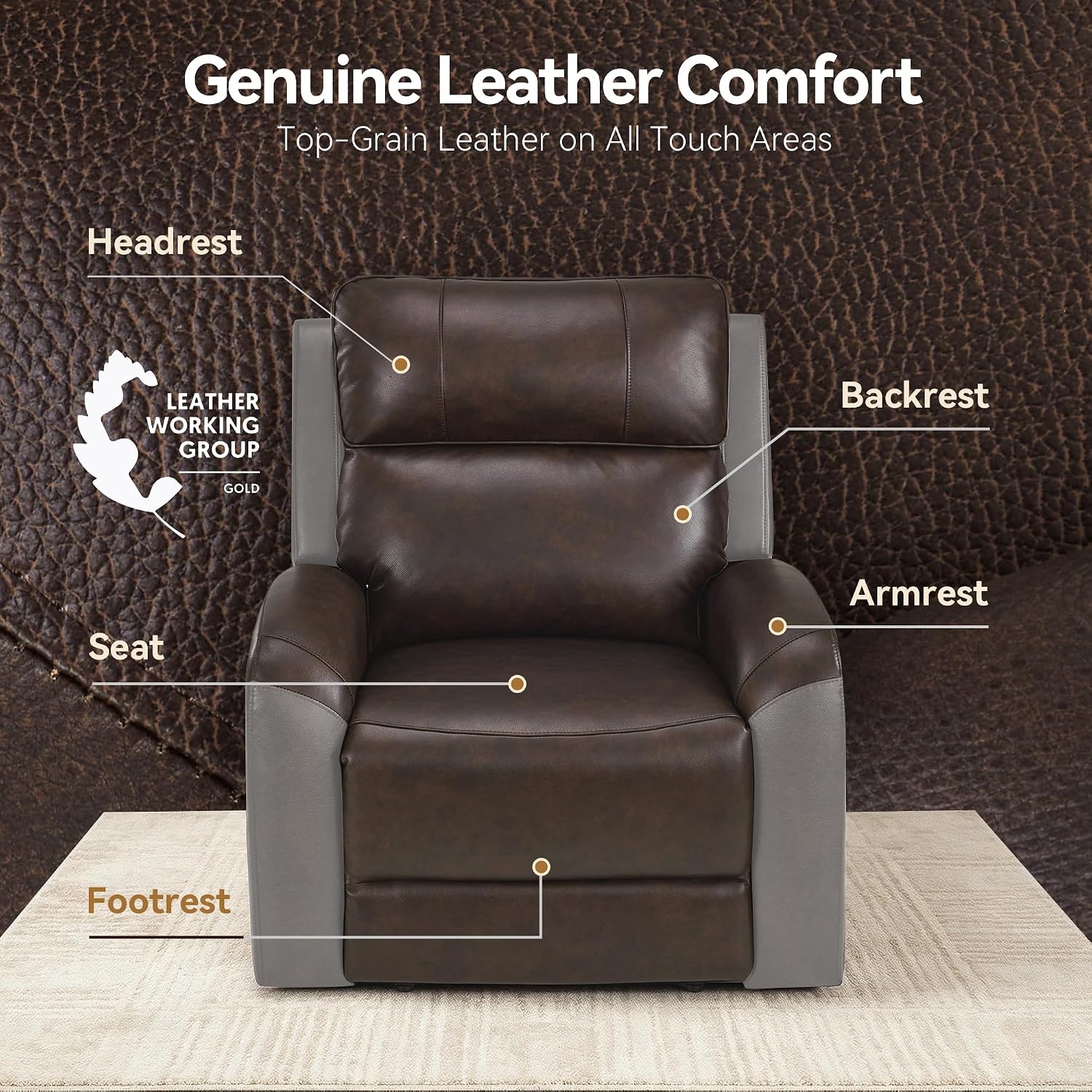 image:imageMCombo Genuine Leather Power Recliner Chair Zero Wall Hugger Recliner for Small Spaces with Power Headrest USB amp TypeC Charging Ports Compact for Living Room amp RV PR693 Dark BrownDark Brown