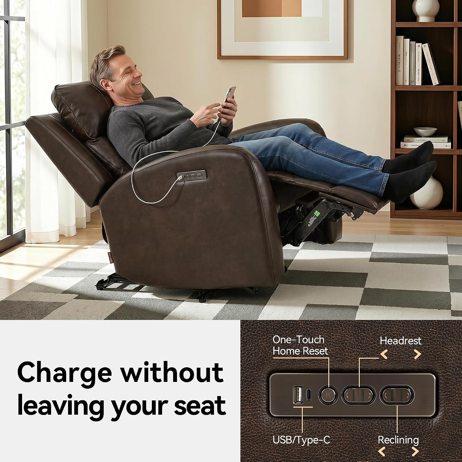 image:imageMCombo Genuine Leather Power Recliner Chair Zero Wall Hugger Recliner for Small Spaces with Power Headrest USB amp TypeC Charging Ports Compact for Living Room amp RV PR693 Dark BrownDark Brown