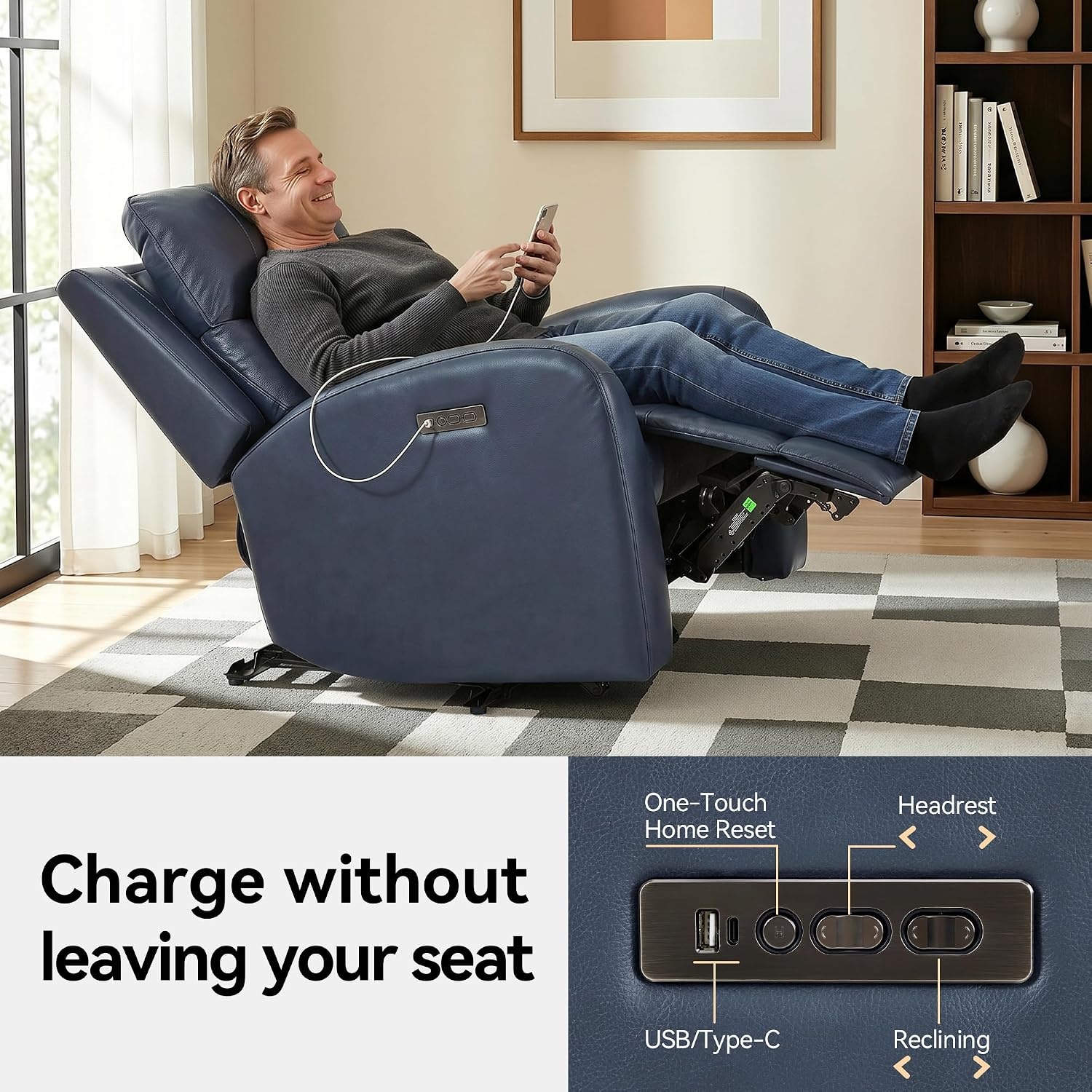 image:imageMCombo Genuine Leather Power Recliner Chair Zero Wall Hugger Recliner for Small Spaces with Power Headrest USB amp TypeC Charging Ports Compact for Living Room amp RV PR693 Dark BrownNavy